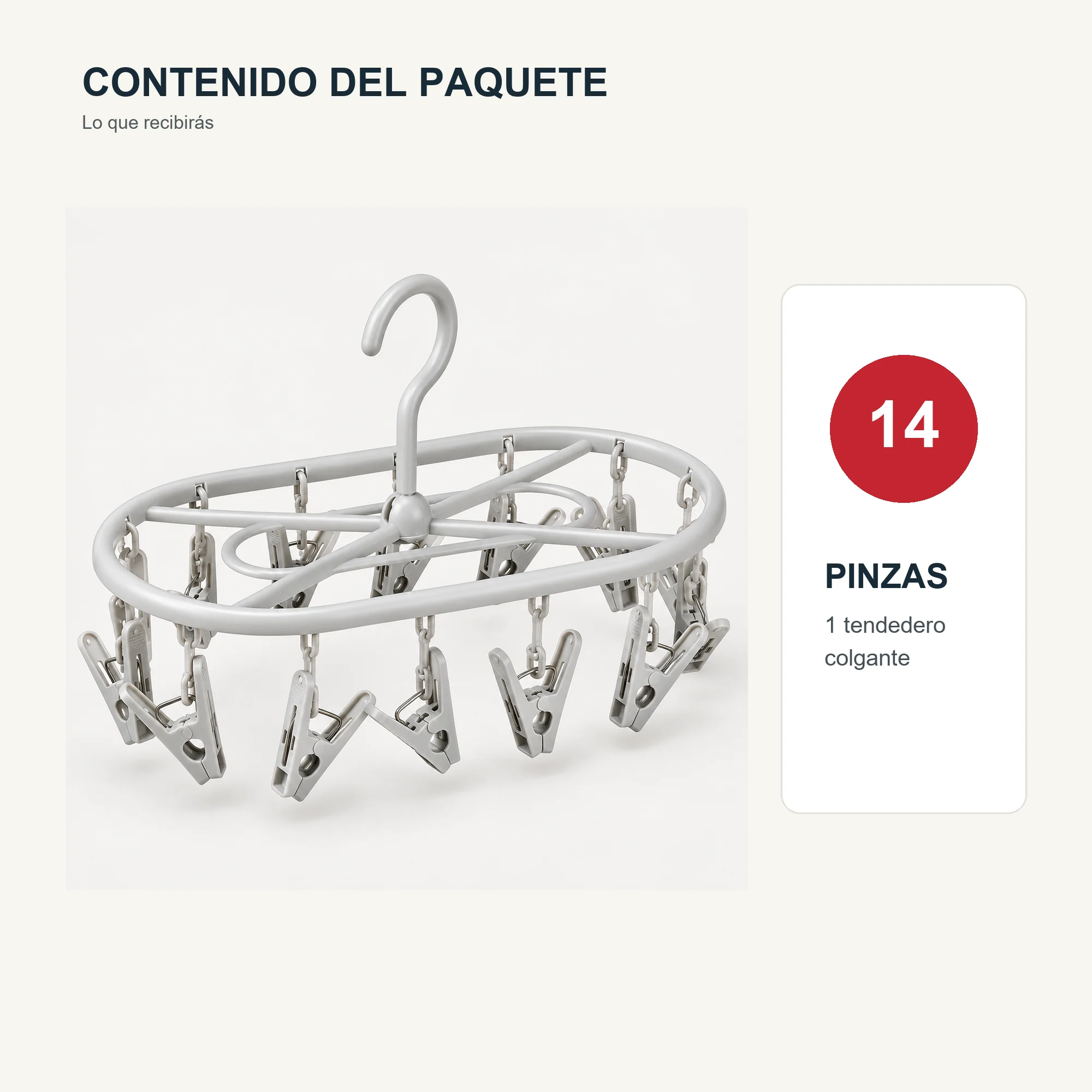 Tendedero Colgante Oval Rectangular Plegable con 14 Pinzas, 28 × 17 cm