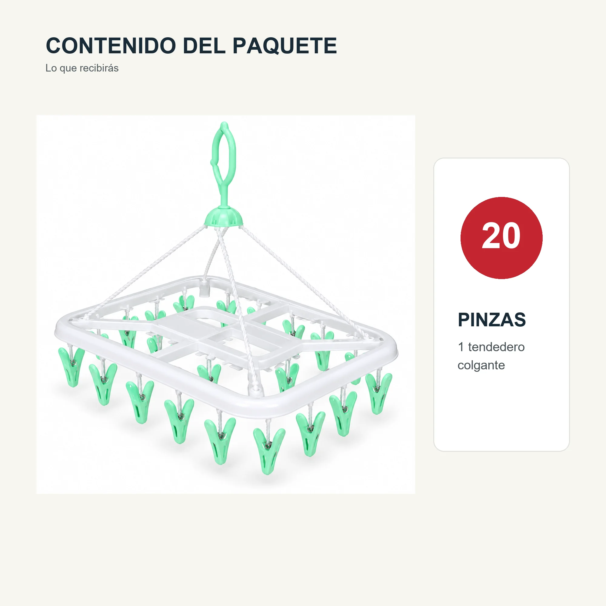 Tendedero Colgante Rectangular con 20 Pinzas, 38 × 28 cm