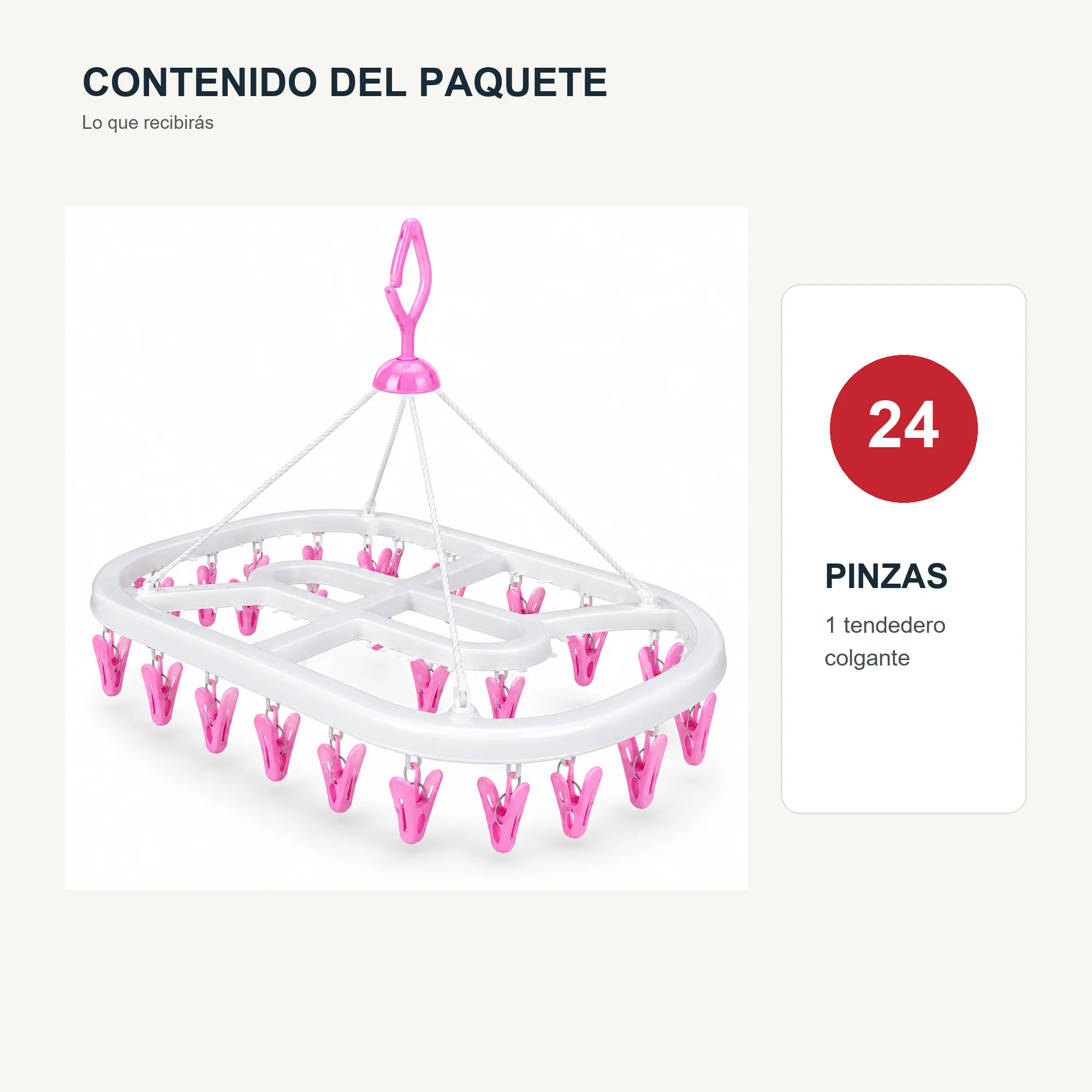 Tendedero Colgante Rectangular Alargado con 24 Pinzas, 42 × 29 cm