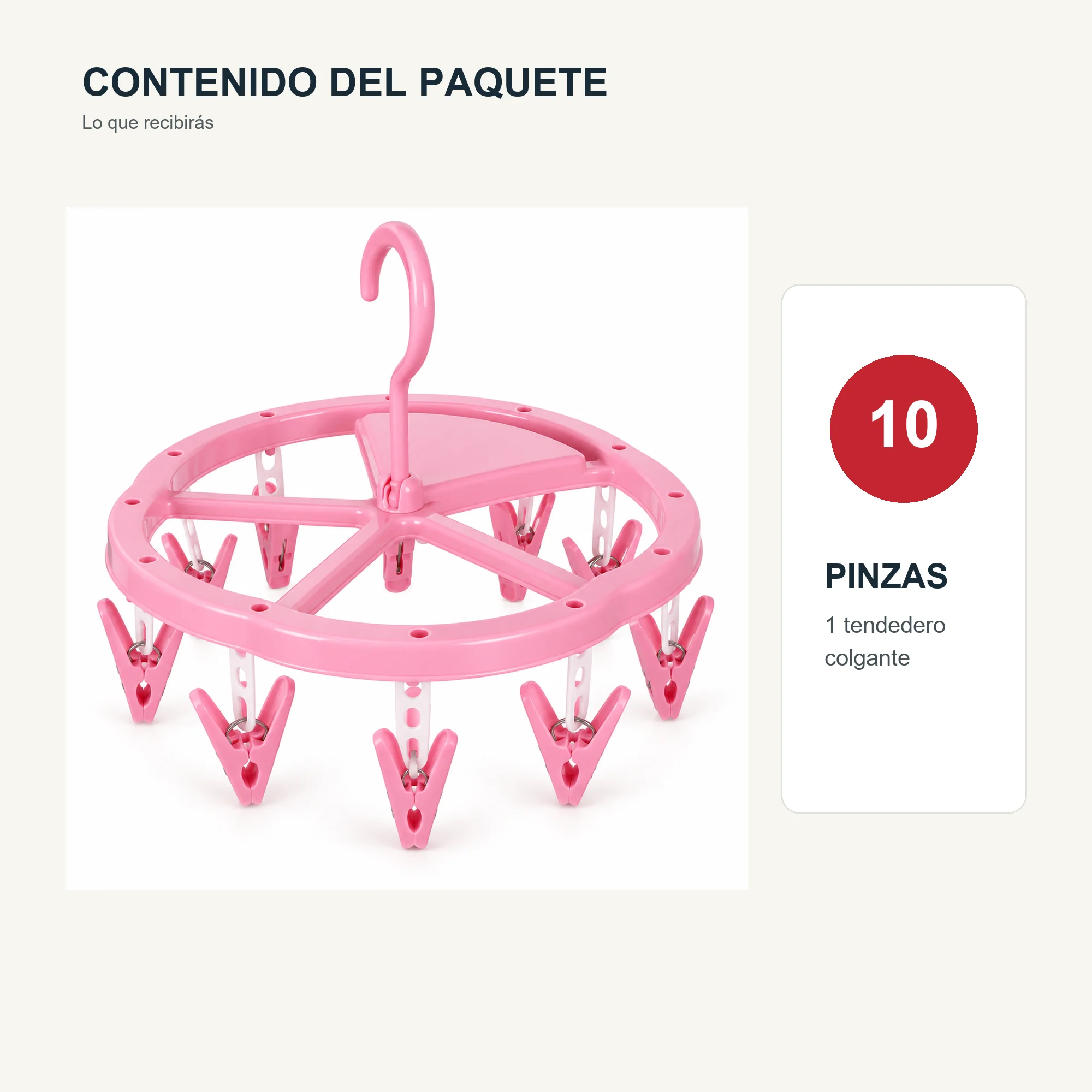 Tendedero Colgante Circular Compacto con 10 Pinzas, diámetro 22 cm