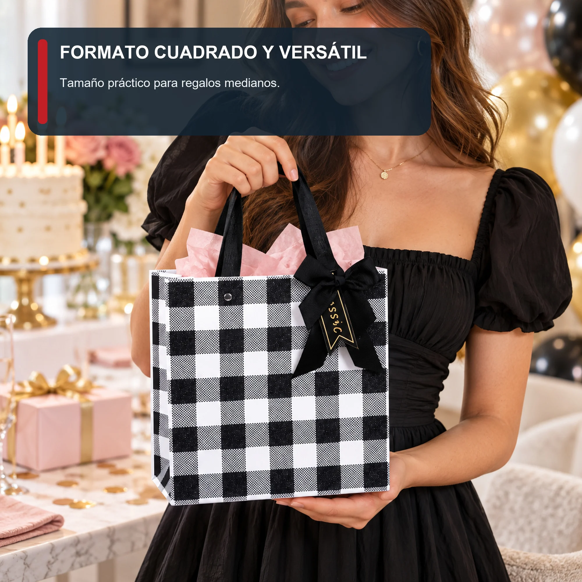 Bolsa de Regalo Bolsa Cuadrada A Cuadros Blanco Y Negro, 22 × 22 × 10 cm