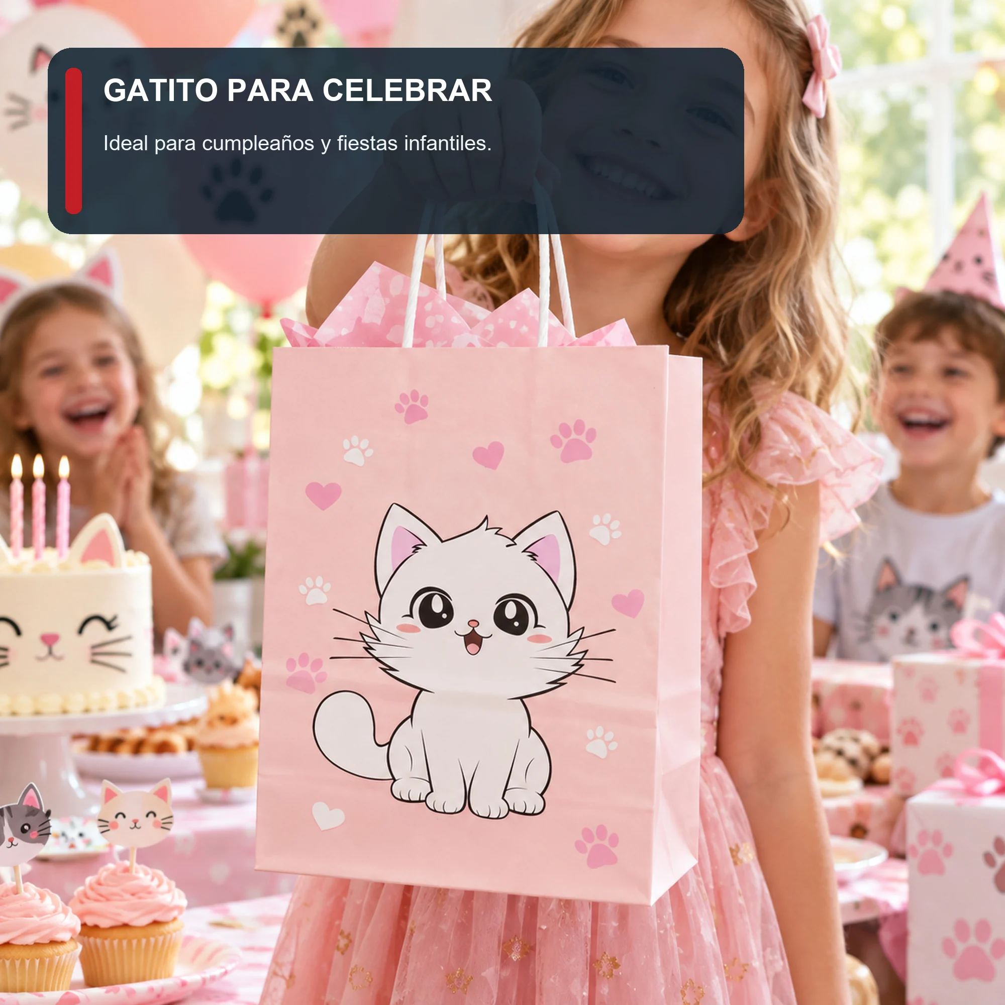 Bolsa de Regalo Infantil Estampada con Diseño De Gatito, 15 × 21 × 8 cm