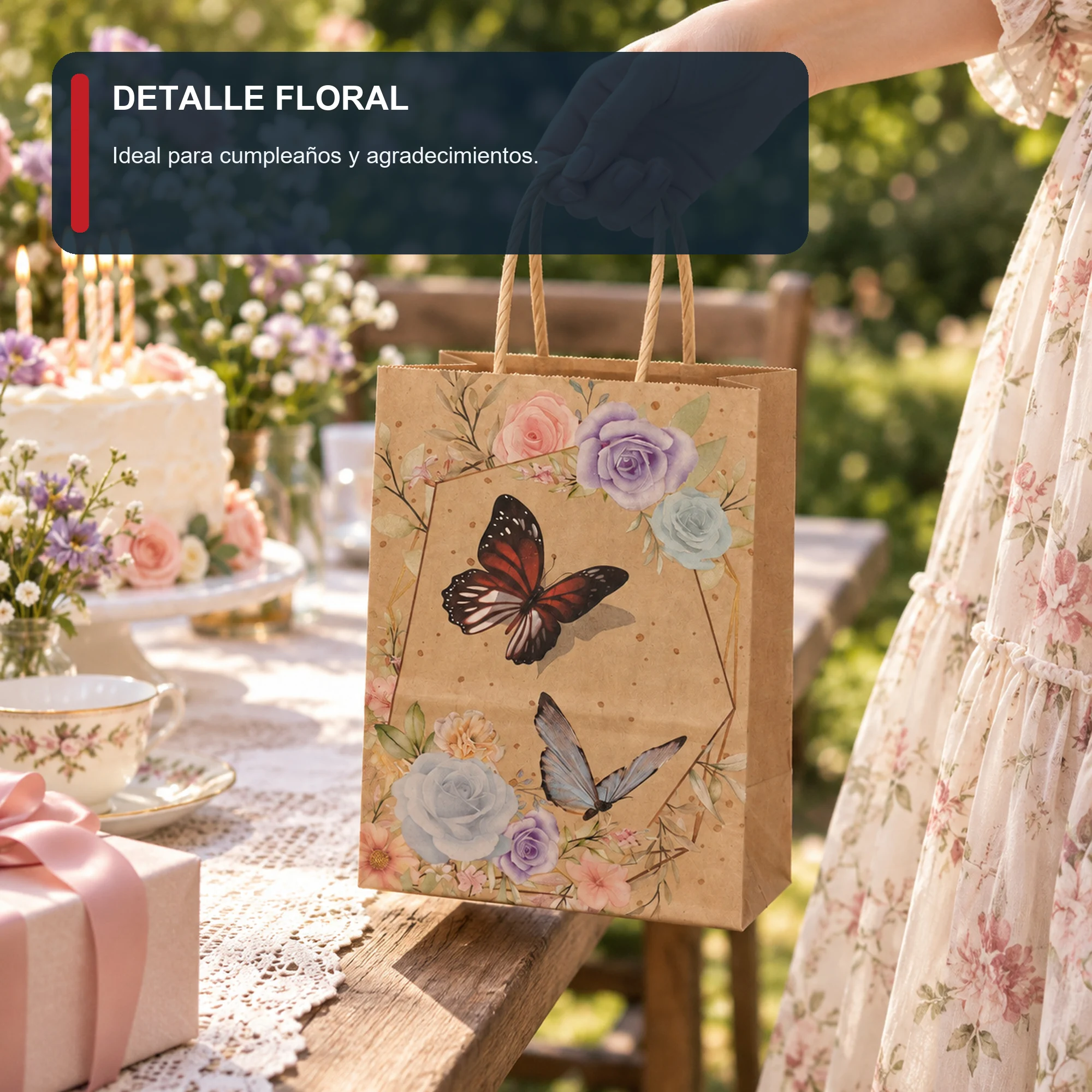 Bolsa de Regalo de Papel Kraft Estampada con Flores Y Mariposas, 15 × 21 × 8 cm, Diseños Surtidos