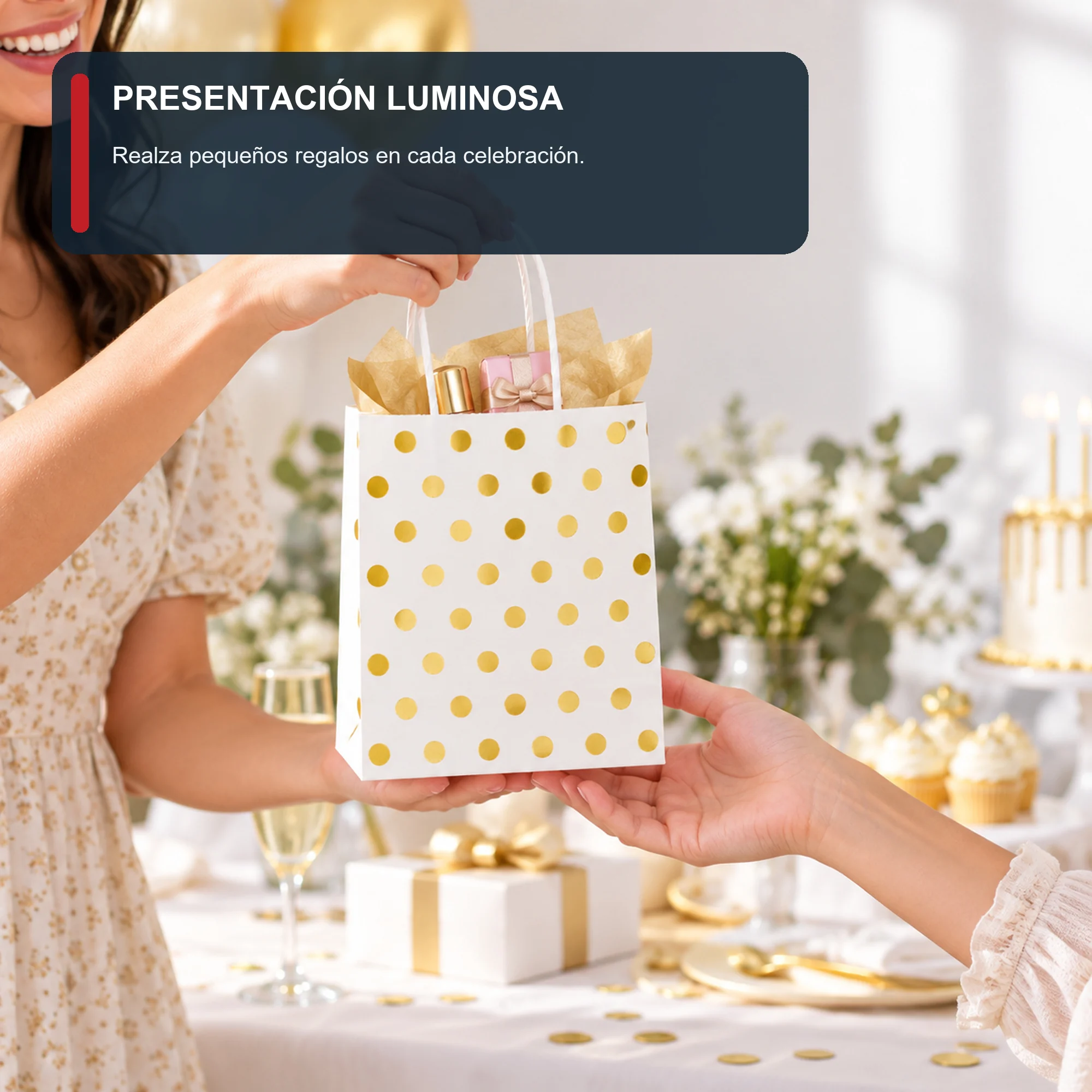 Bolsa de Regalo de Papel con Lunares Metalizados y Asas Trenzadas, 15 × 21 × 8 cm, Colores Surtidos