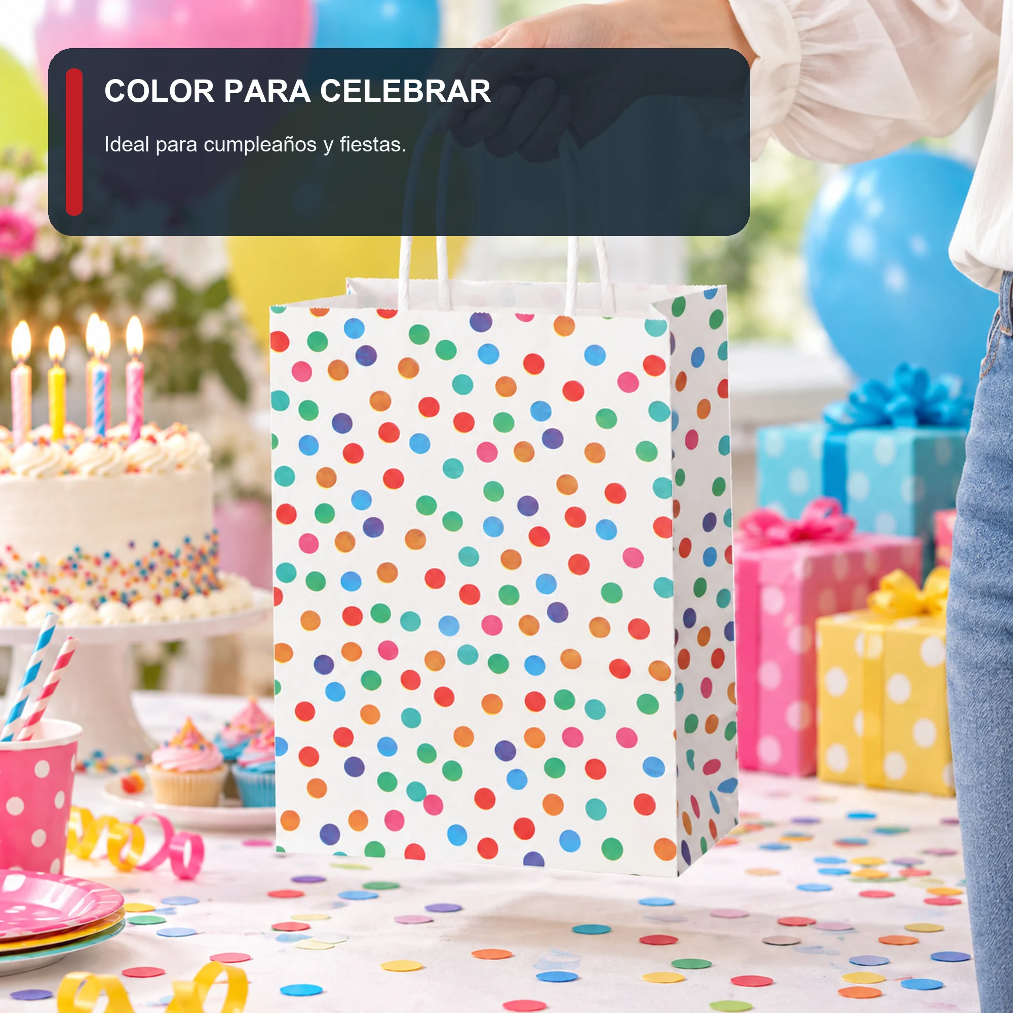 Bolsa de Regalo de Papel Estampada con Lunares Multicolor, 21 × 27 × 11 cm, Diseños Surtidos