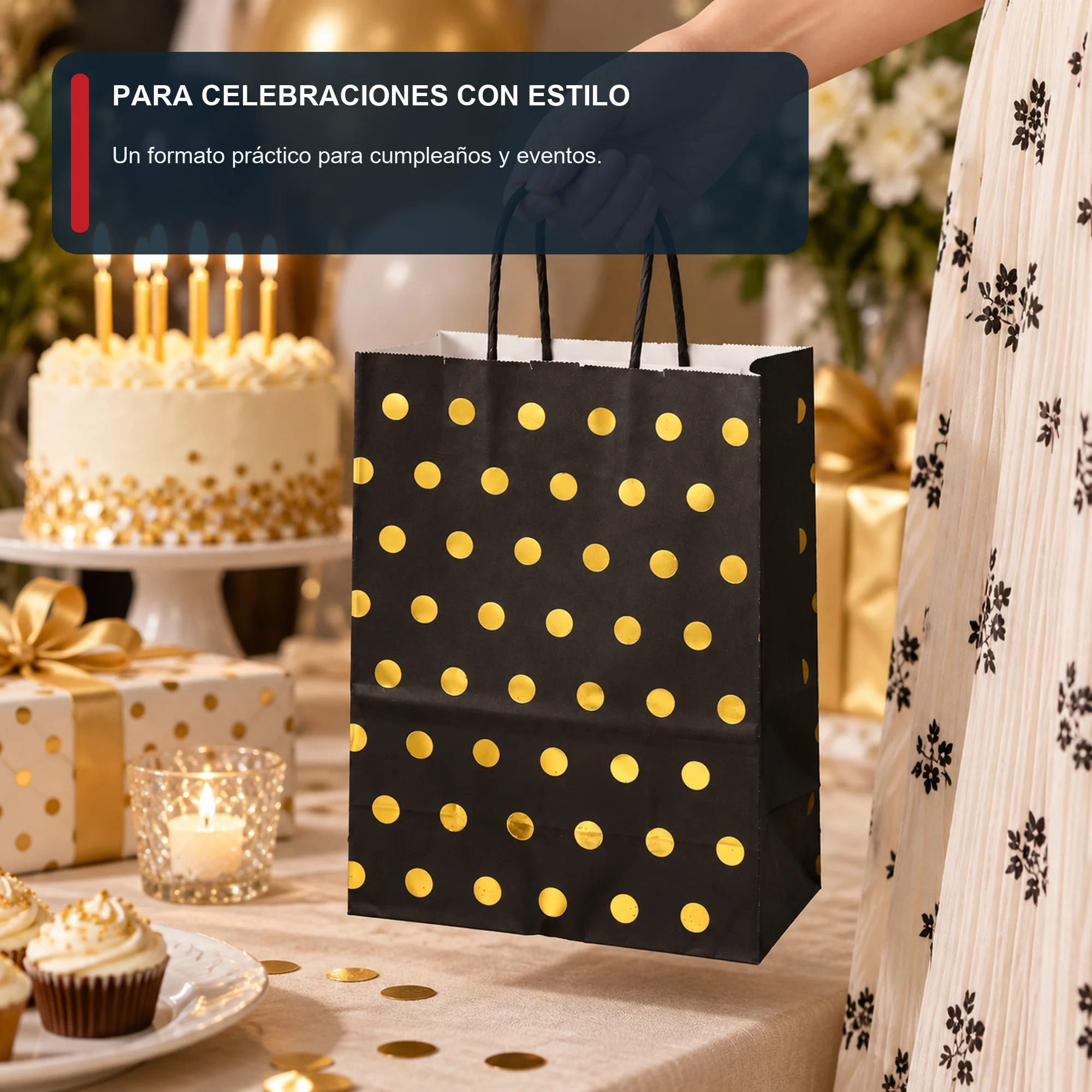 Bolsa de Regalo de Papel con Lunares Dorados y Asas Trenzadas, 21 × 27 × 11 cm, Diseños Surtidos
