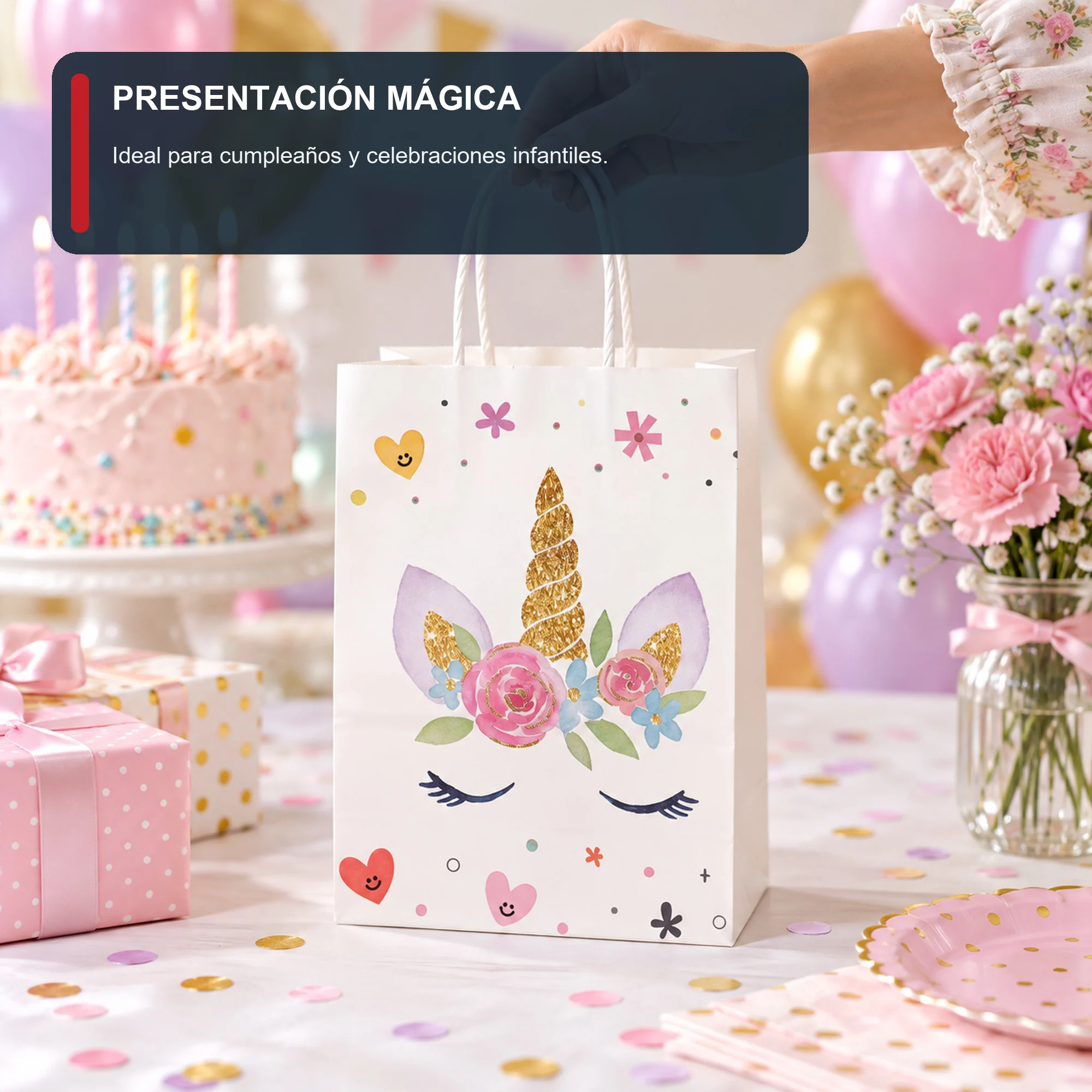 Bolsa de Regalo de Papel con Diseño De Unicornio y Asas Trenzadas, 15 × 21 × 8 cm, Diseños Surtidos