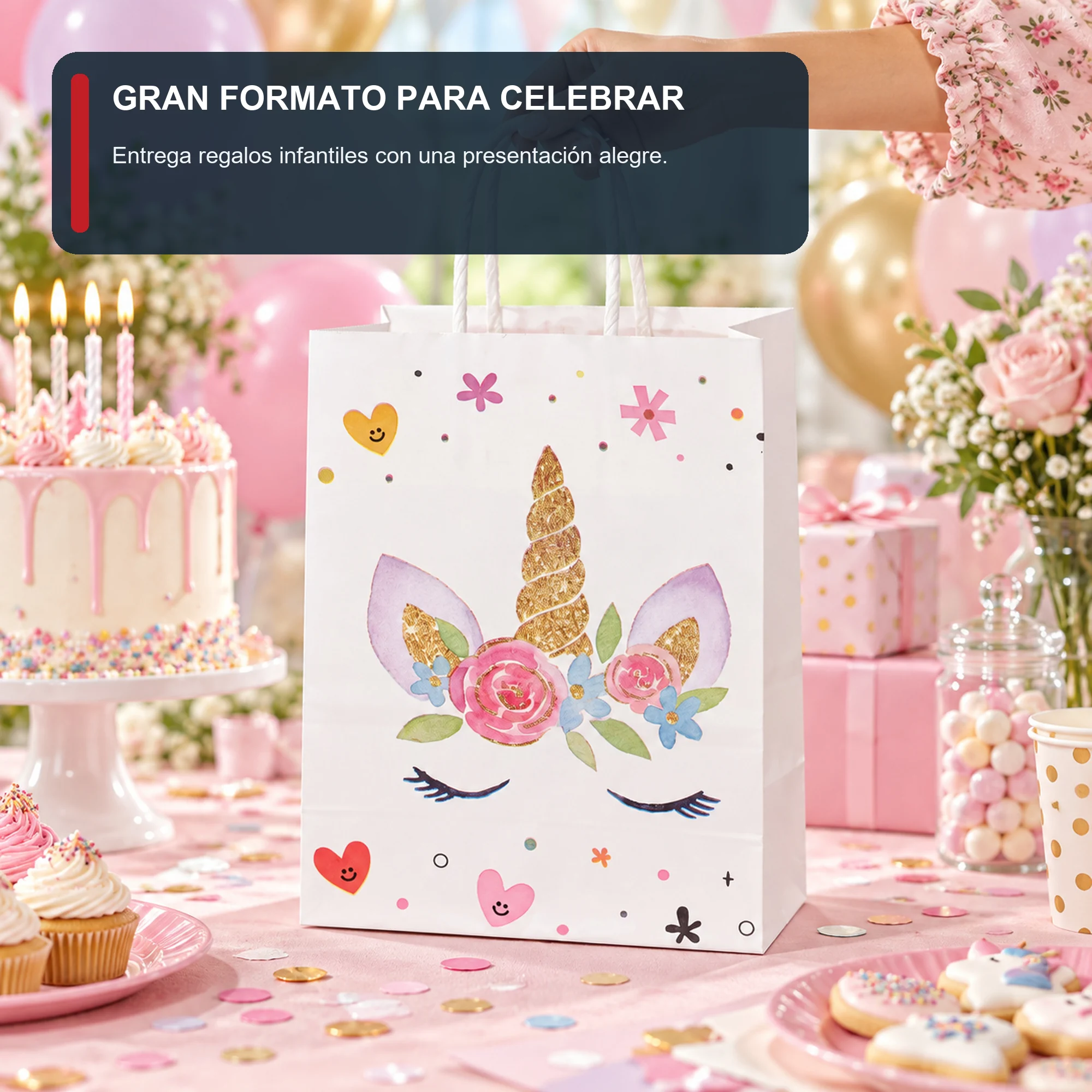 Bolsa de Regalo de Papel con Formato Grande De Unicornio y Asas Trenzadas, 21 × 27 × 11 cm, Diseños Surtidos