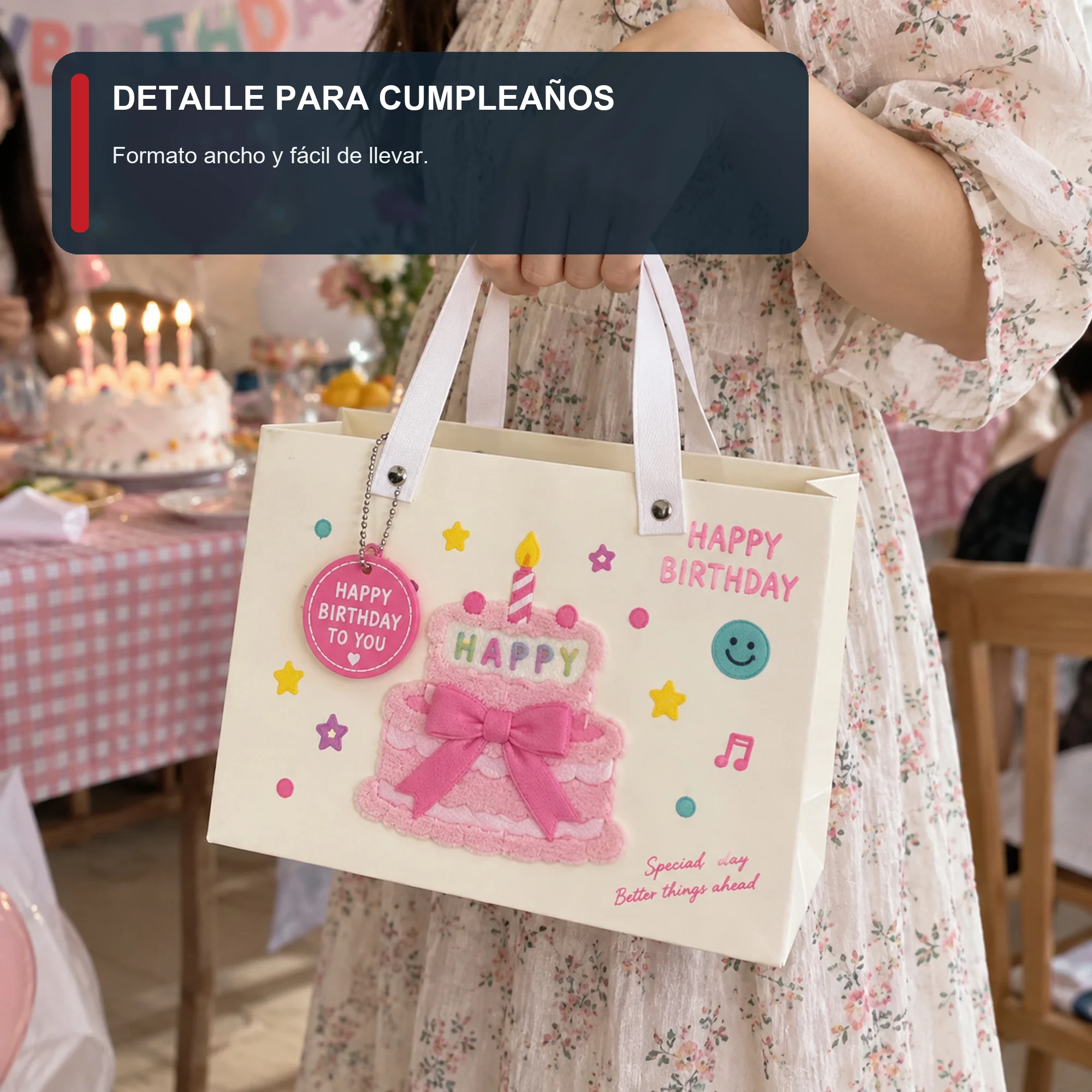 Bolsa de Regalo Rígida Ancha De Cumpleaños con Torta Con Lazo Y Vela, 24,5 × 19,5 × 9,5 cm