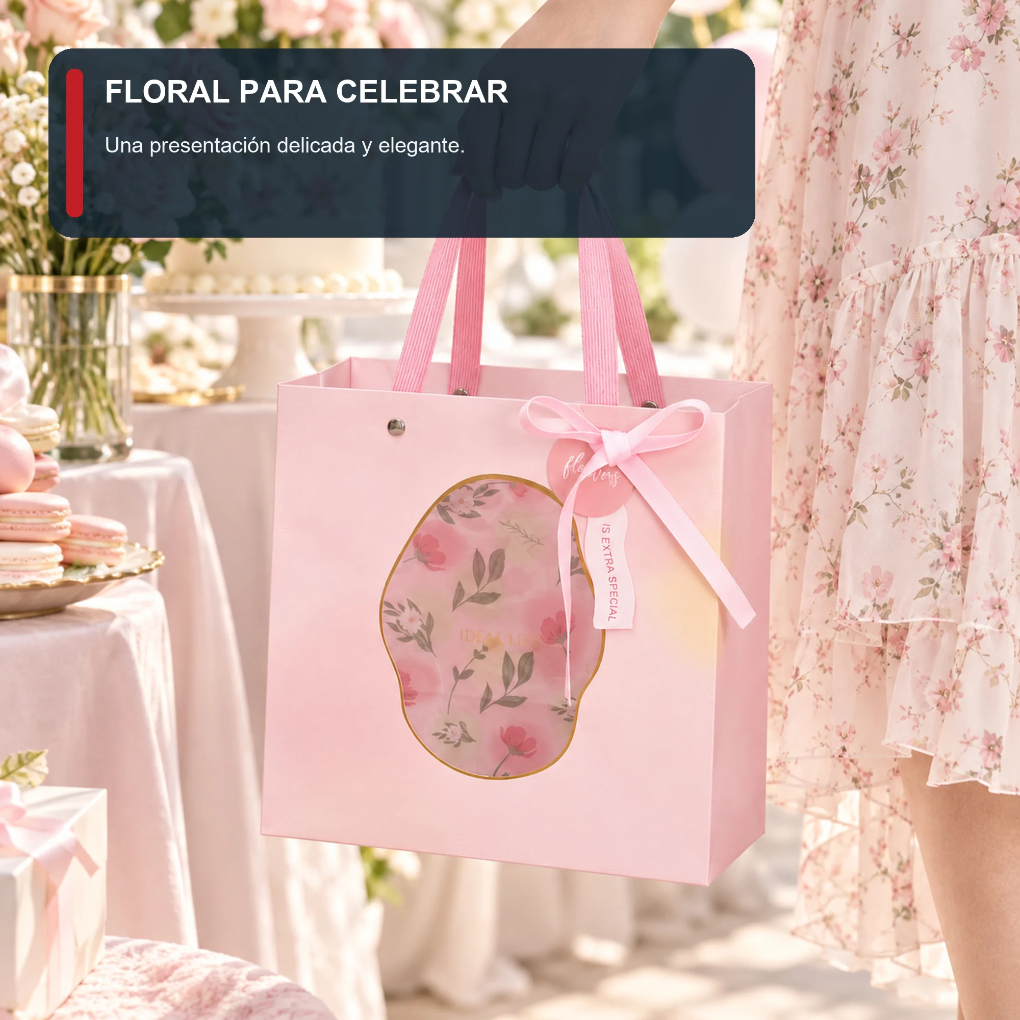 Bolsa de Regalo Rígida Floral con Formato Cuadrado Floral, 22 × 22 × 10 cm
