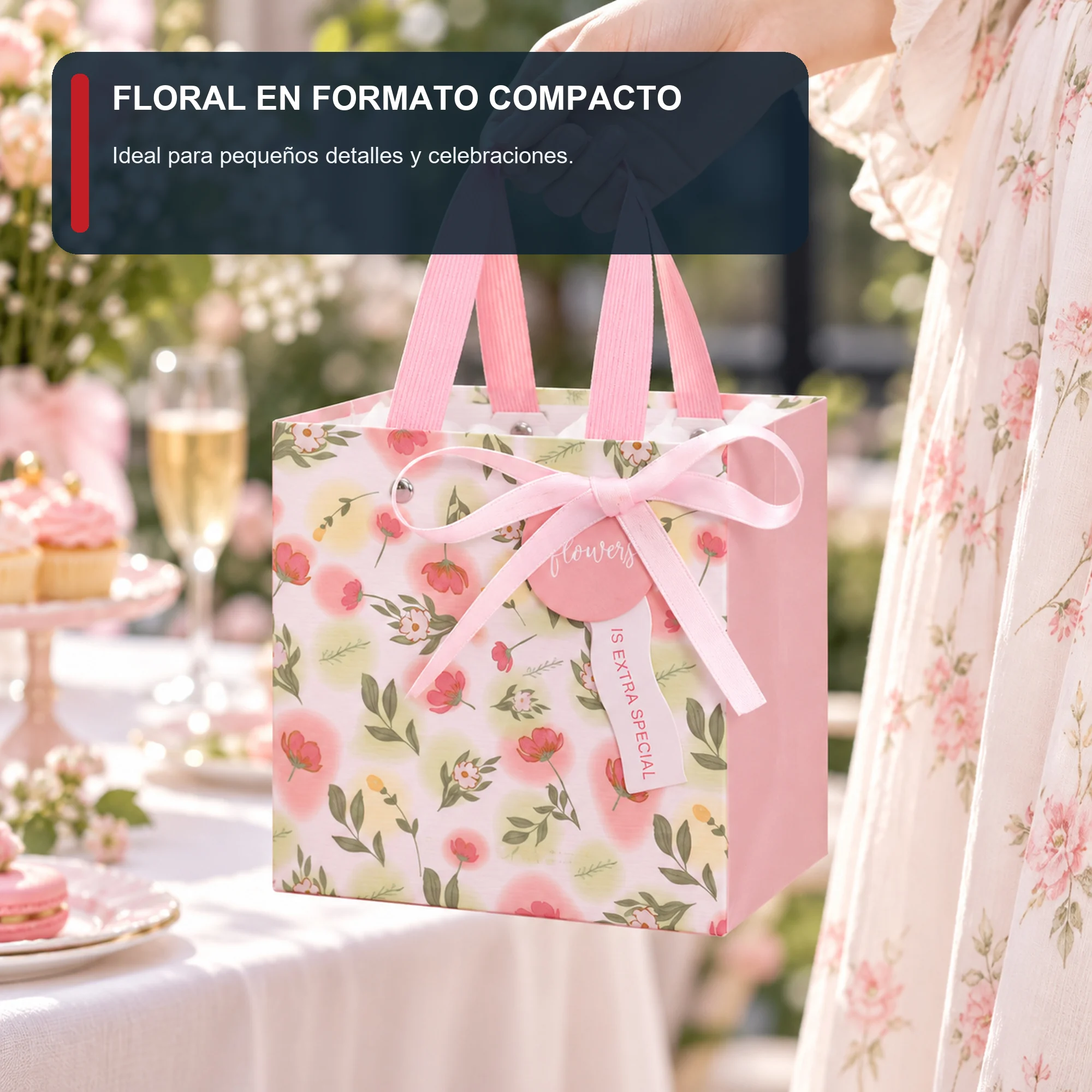 Bolsa de Regalo Rígida Floral con Formato Compacto Floral, 14,5 × 14,5 × 10 cm