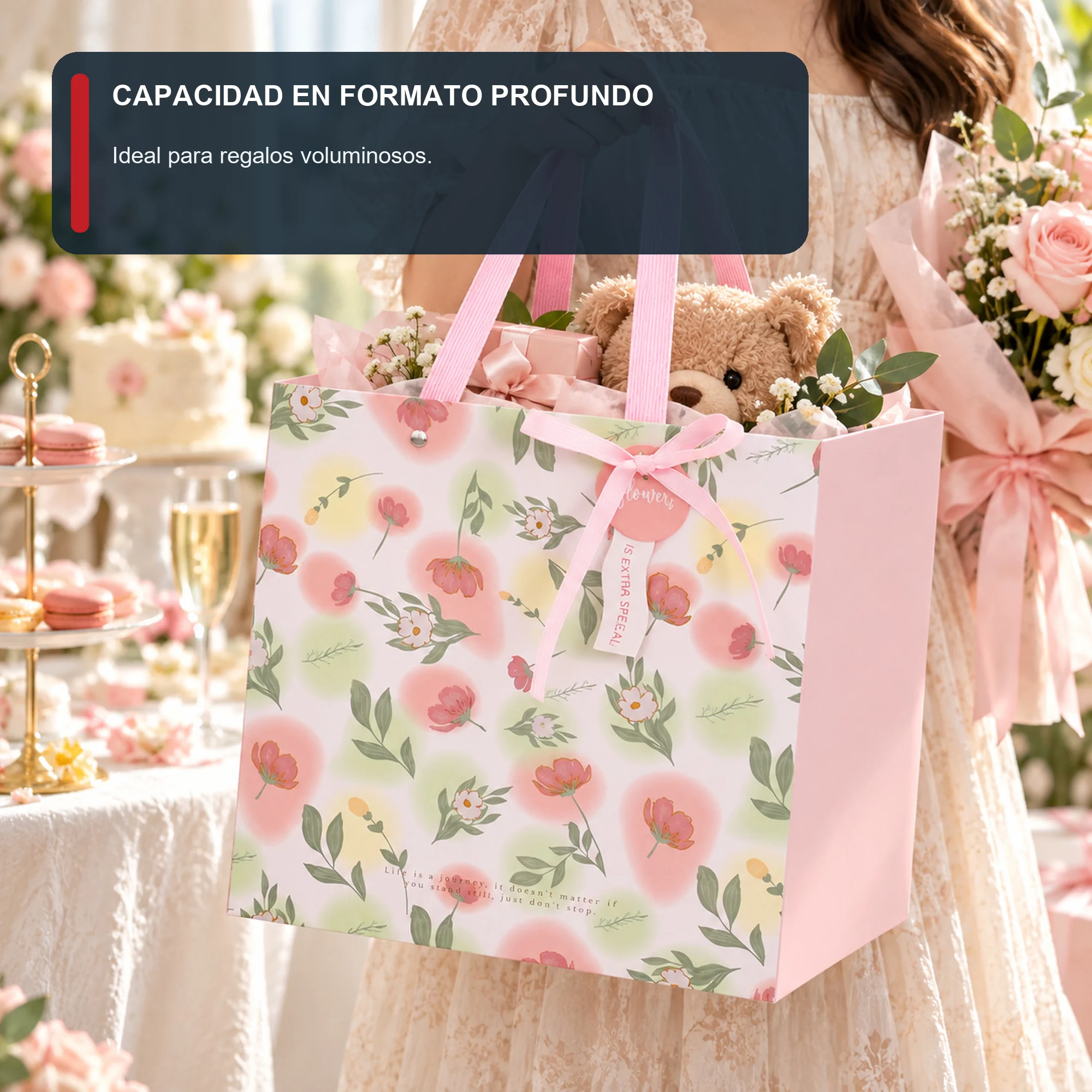 Bolsa de Regalo Rígida Floral con Formato Cuadrado Profundo, 26 × 26 × 25 cm