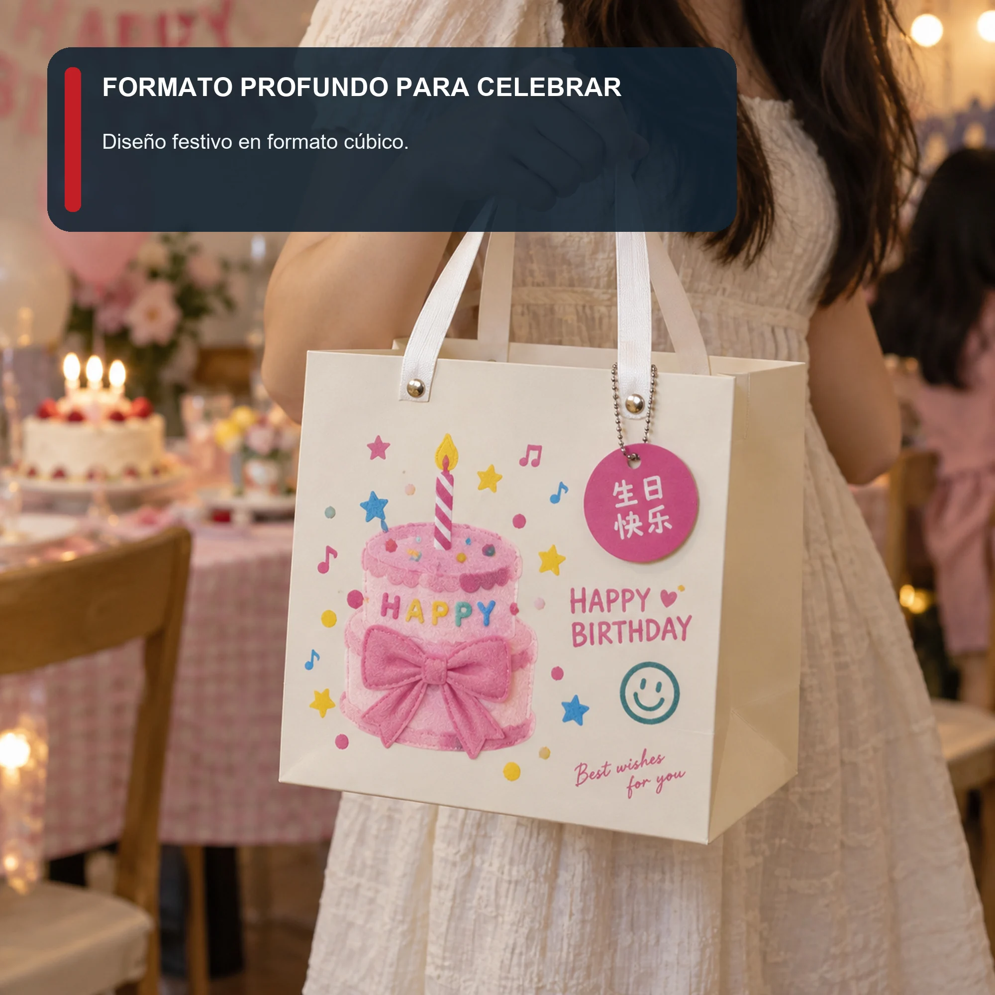 Bolsa de Regalo Rígida De Cumpleaños con Torta Con Lazo Y Vela, 20 × 20 × 20 cm
