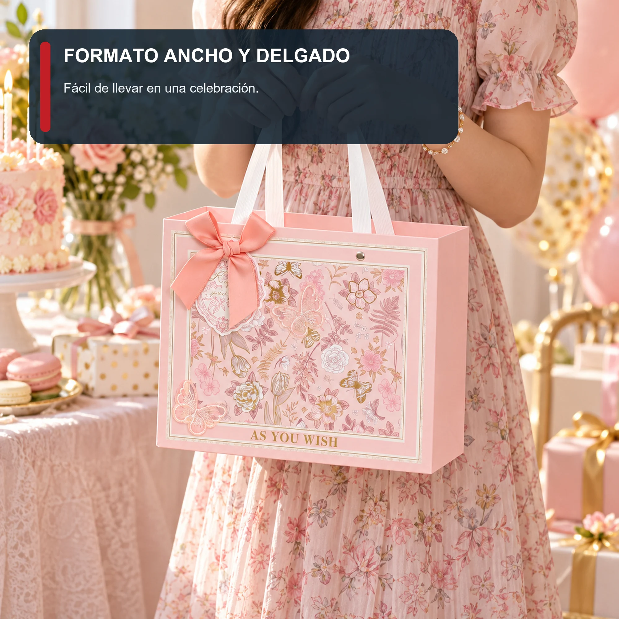 Bolsa de Regalo Rosada Floral Ancha, 24,5 × 19,5 × 9,5 cm