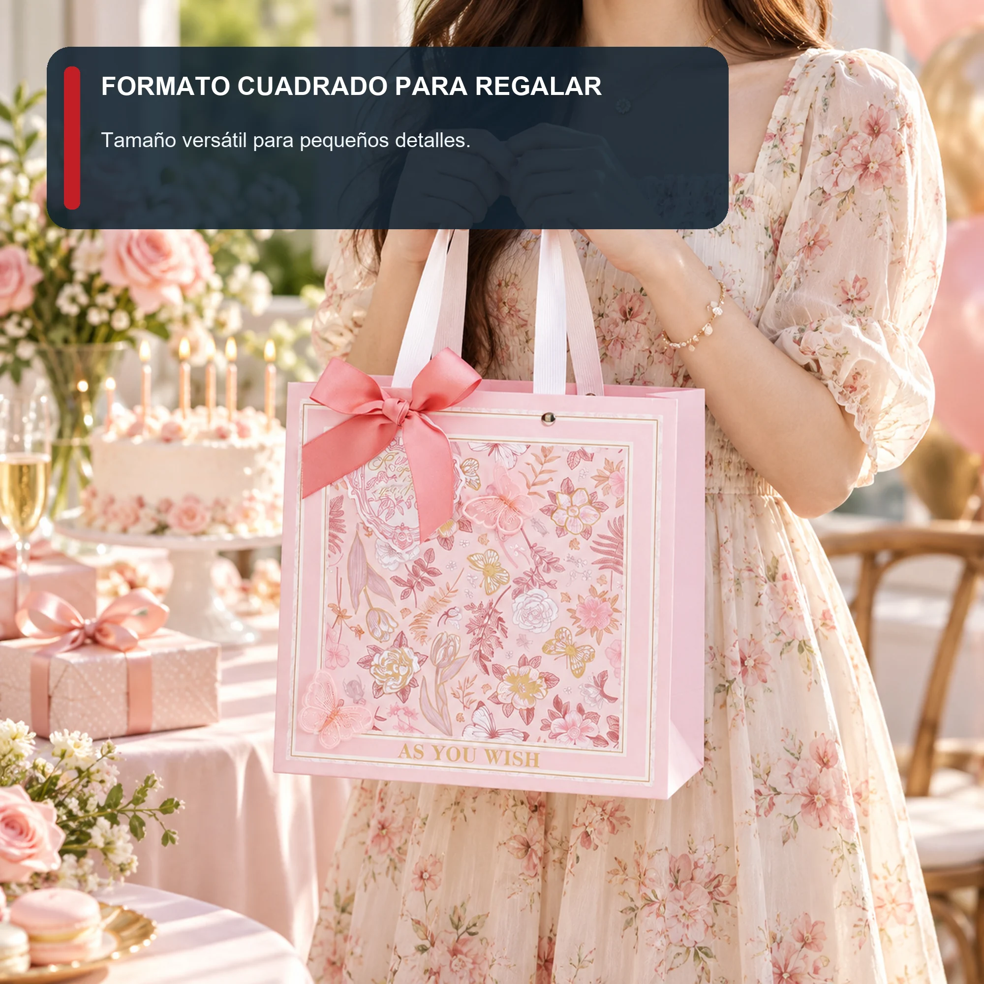 Bolsa de Regalo Rosada Floral Con Mariposas, 22 × 22 × 10 cm
