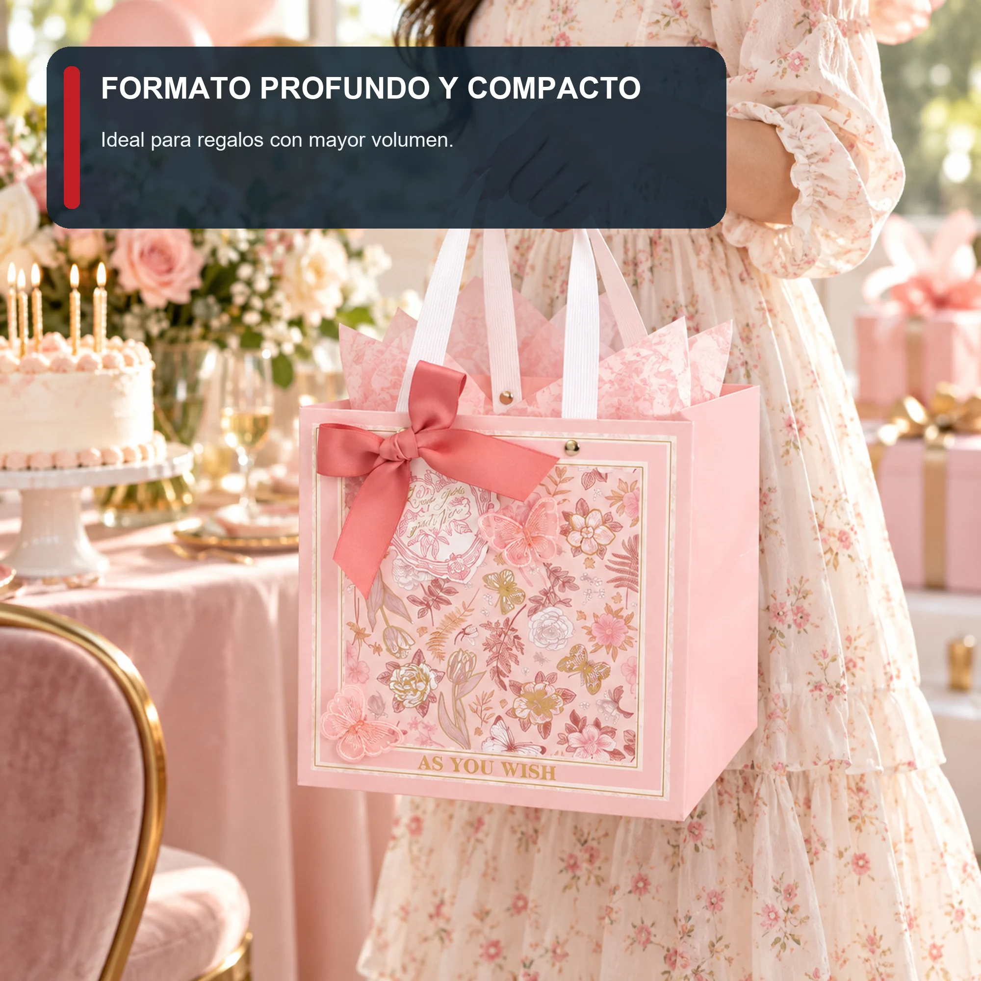 Bolsa de Regalo Rosada Floral Profunda, 20 × 20 × 20 cm