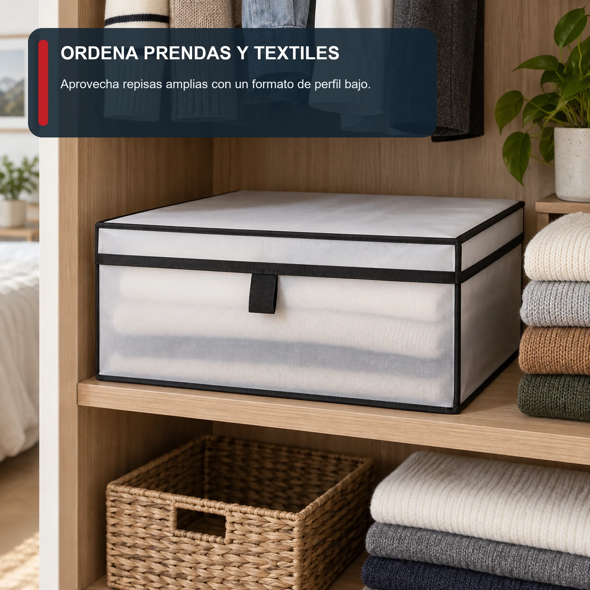Caja organizadora grande de perfil bajo de PEVA y PP, 41 × 35 × 20 cm, 1 Unidad