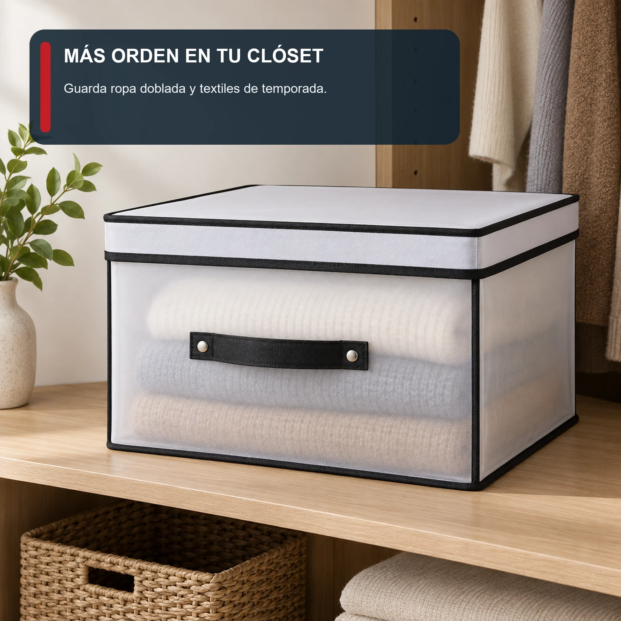 Caja organizadora mediana con tapa de PEVA y PP, 40 × 30 × 25 cm, 1 Unidad