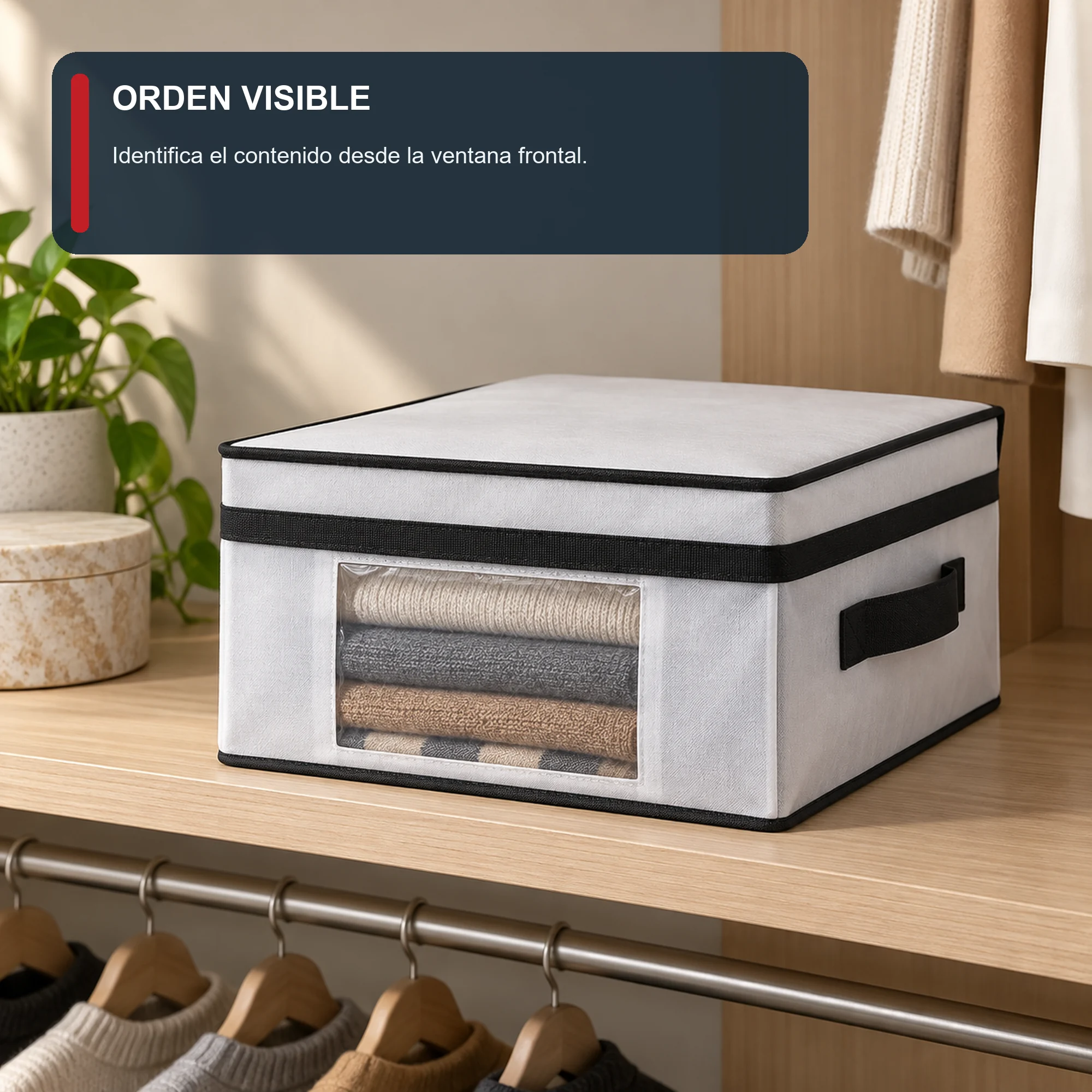 Caja organizadora con tapa y ventana de PEVA y PP, 25 × 35 × 16 cm, 1 Unidad