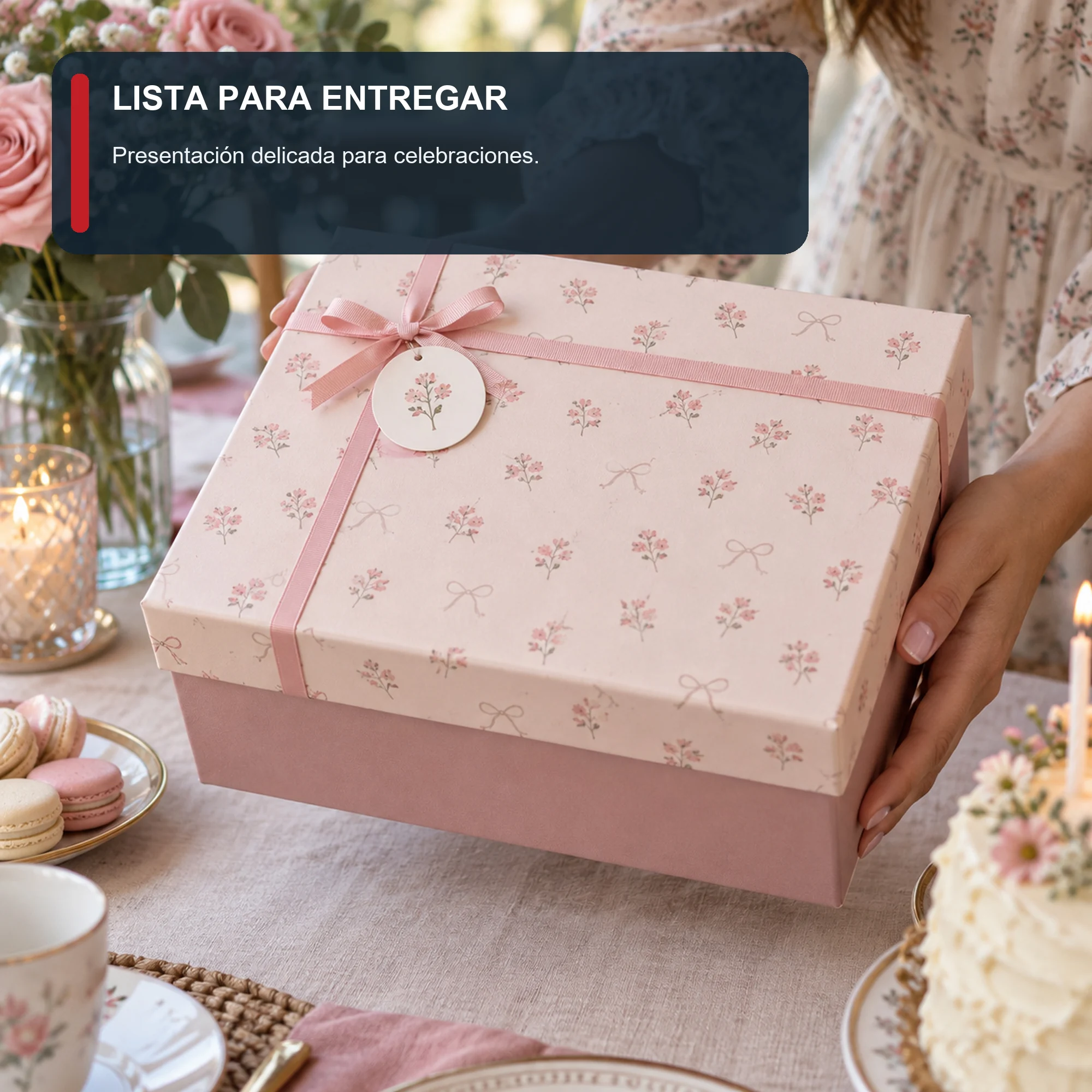 Caja de Regalo Caja Rígida Floral con Tapa y Cinta, 22,5 × 17 × 10 cm