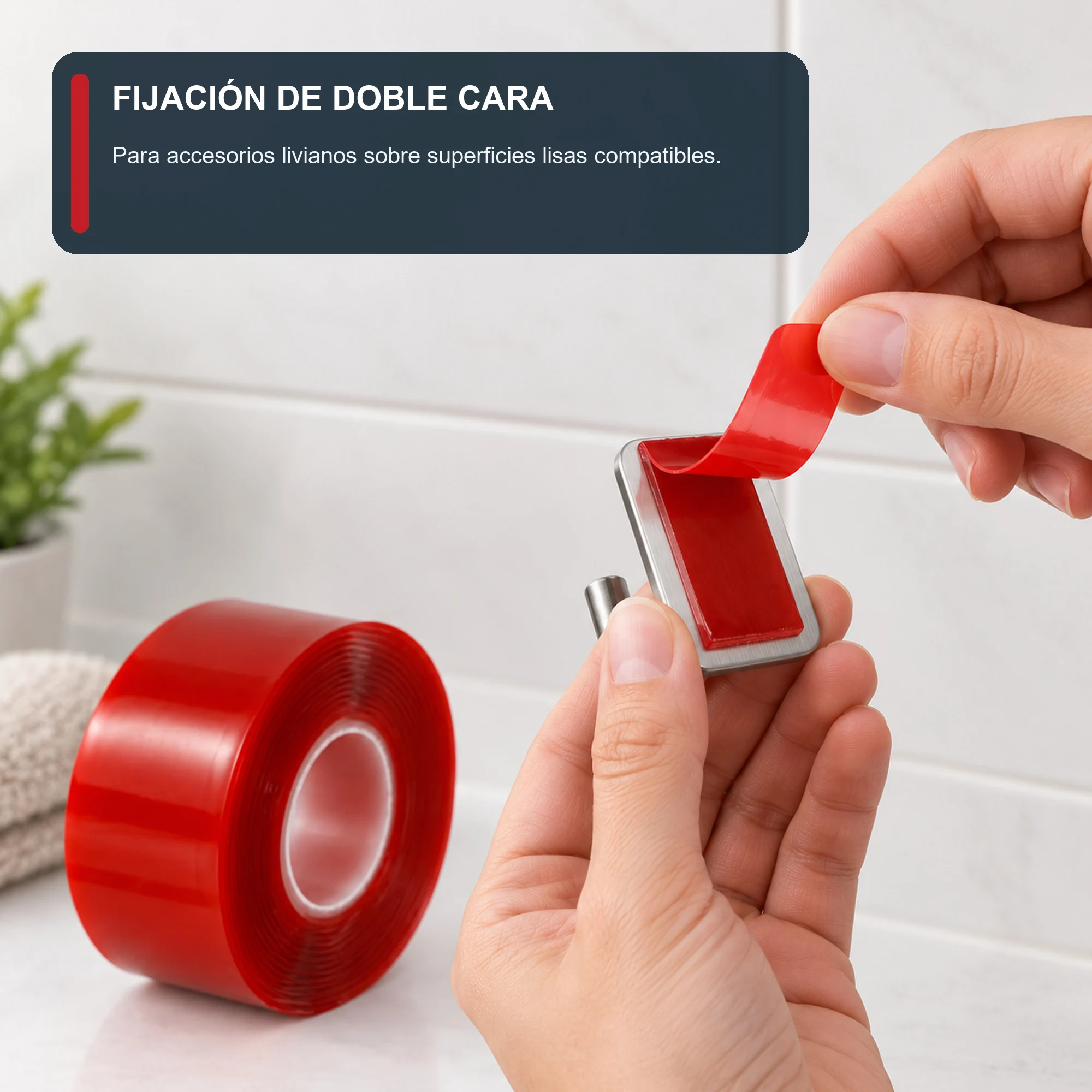 Cinta Doble Contacto de Gel Acrílico Roja, 19 mm × 2 m