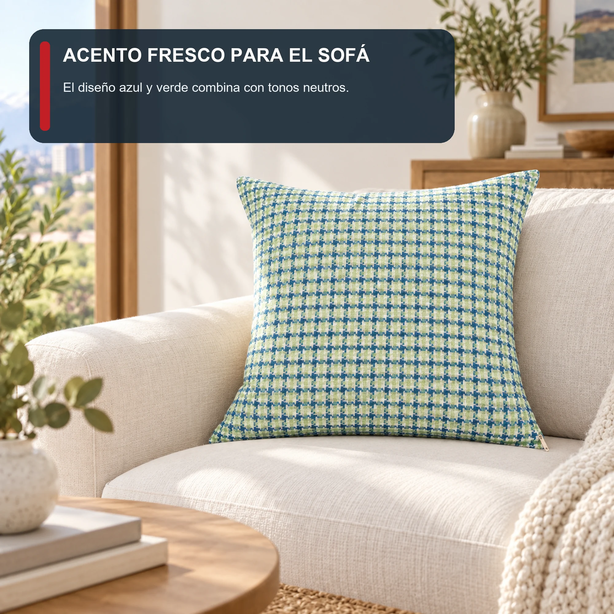 Funda Doble Cara para Cojín con Diseño de Cuadros, 43 × 43 cm