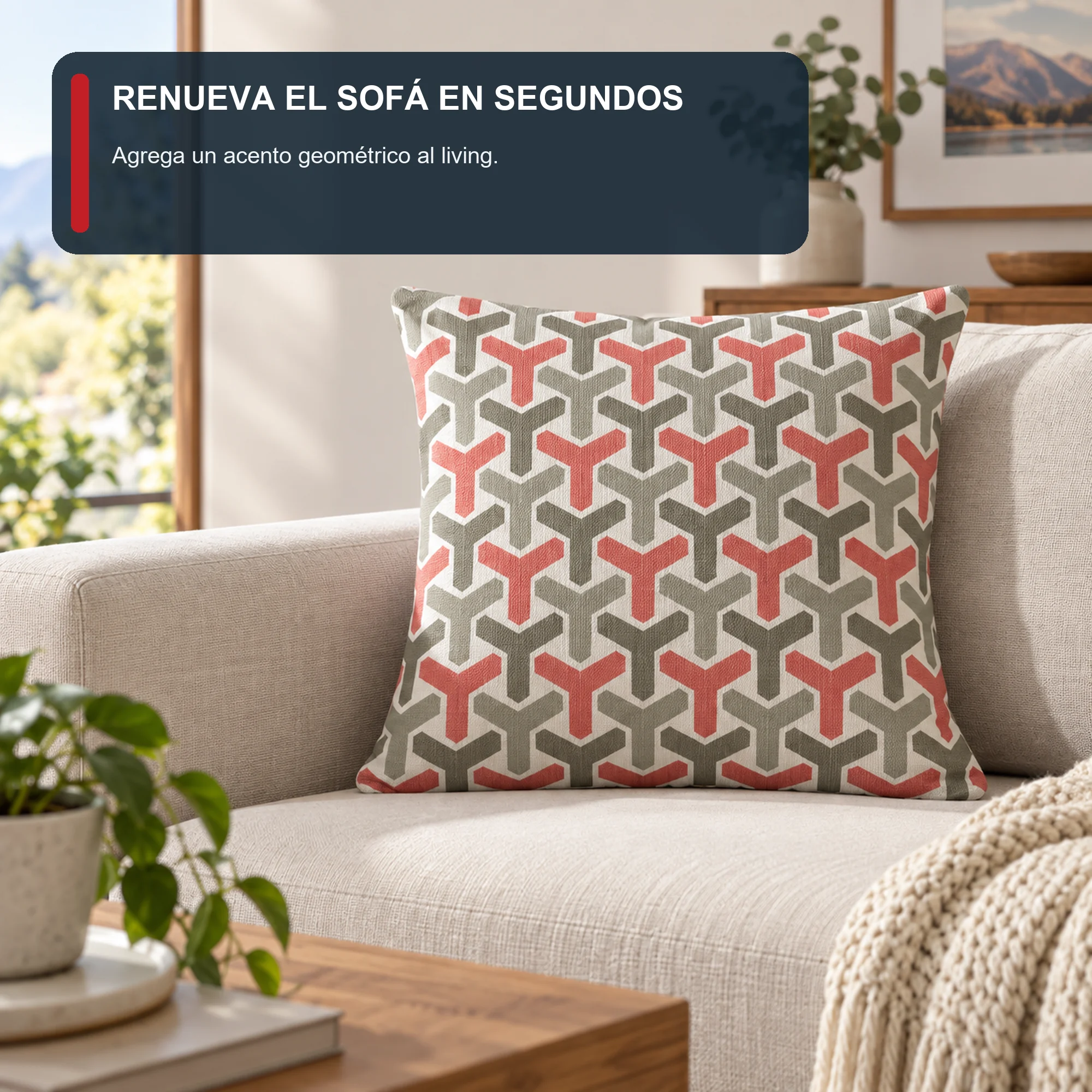 Funda Decorativa para Cojín Geométrico Coral Y Gris, 43 × 43 cm