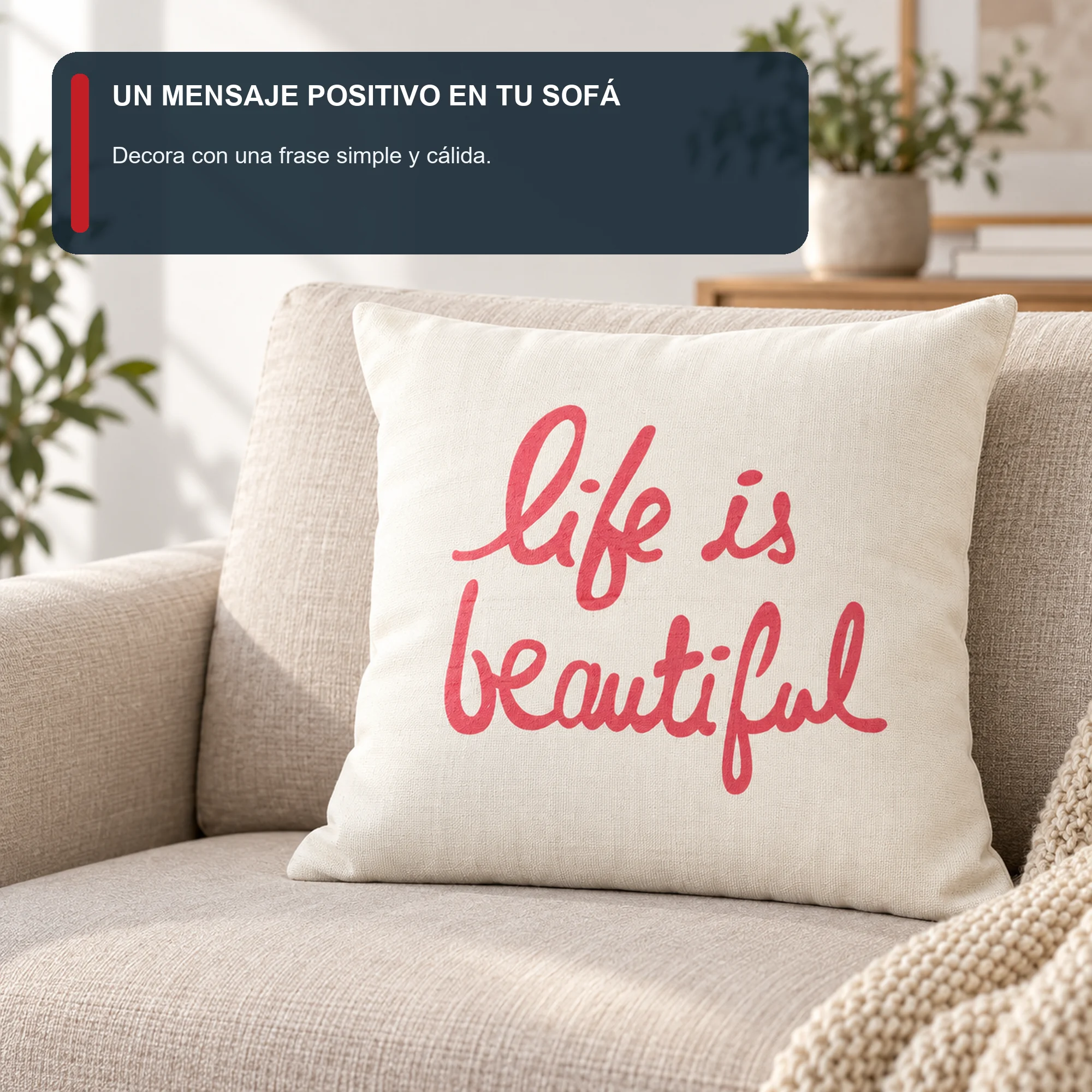 Funda Decorativa para Cojín Marfil Con Frase Life Is Beautiful, 43 × 43 cm