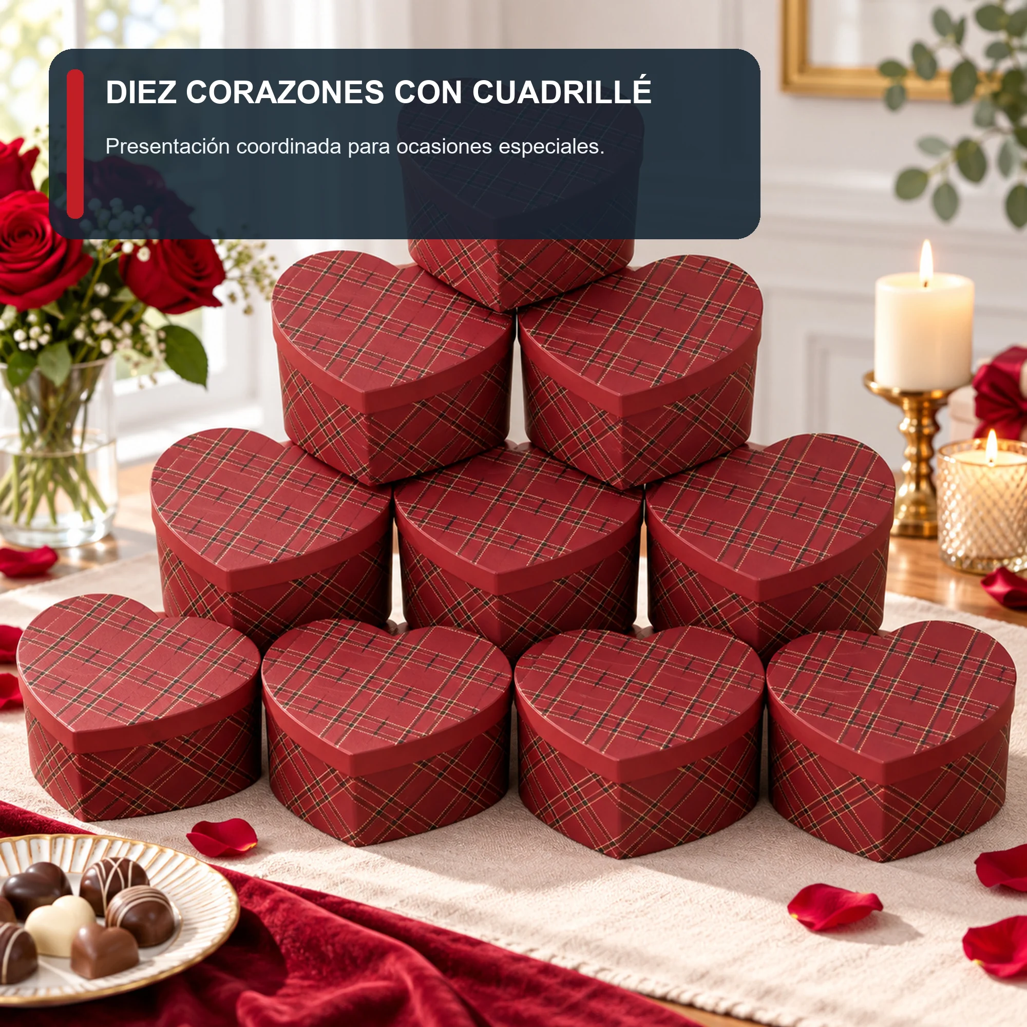 Juego de 10 Cajas de Regalo Juego De Cajas Corazón Con Cuadrillé, Tamaños Surtidos