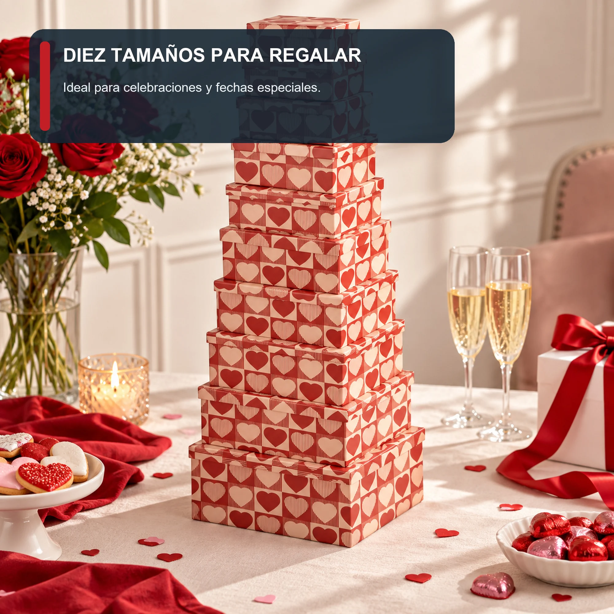 Juego de 10 Cajas de Regalo Juego Rectangular Con Corazones, Tamaños Surtidos