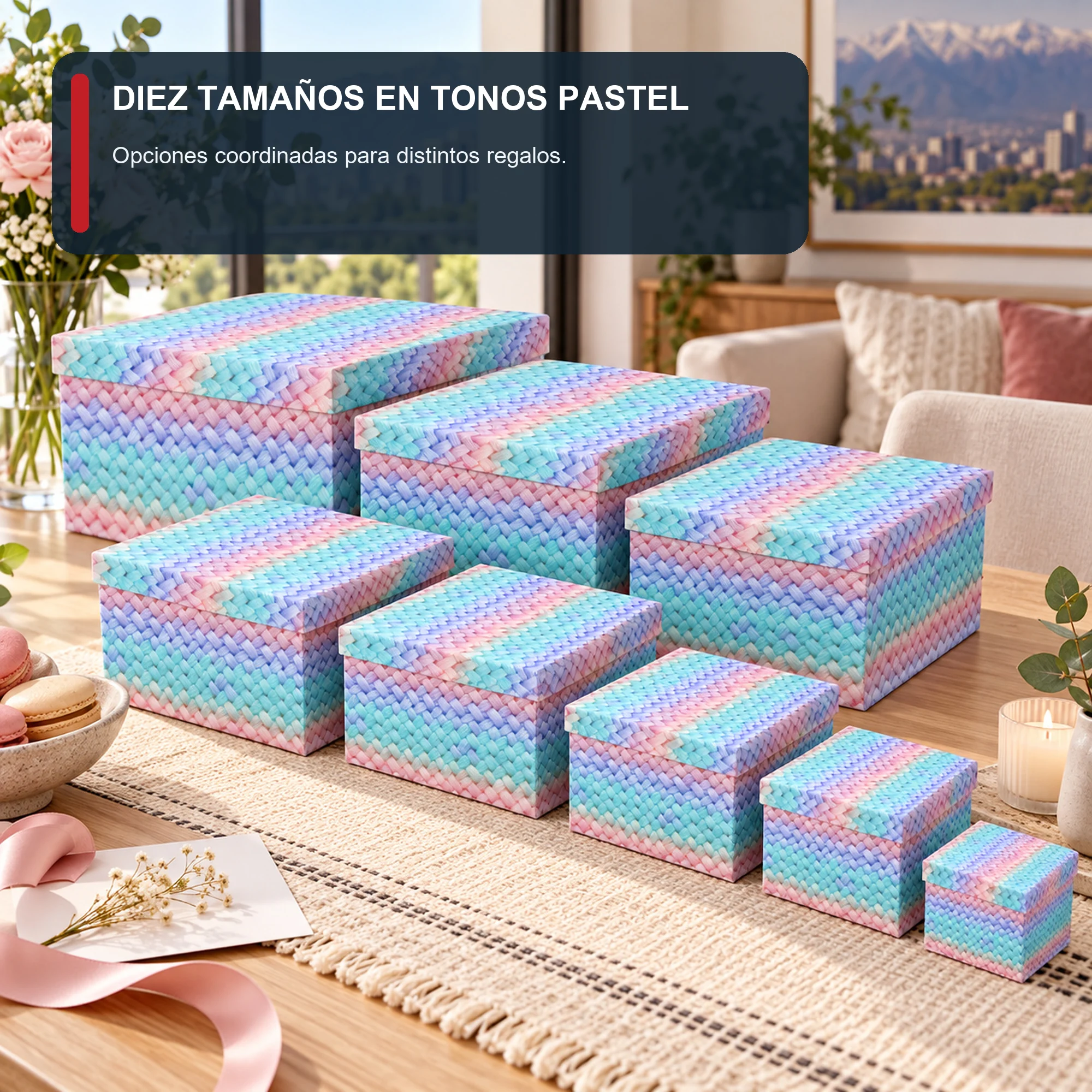 Juego de 10 Cajas de Regalo Juego Rectangular Con Efecto Tejido Pastel, Tamaños Surtidos