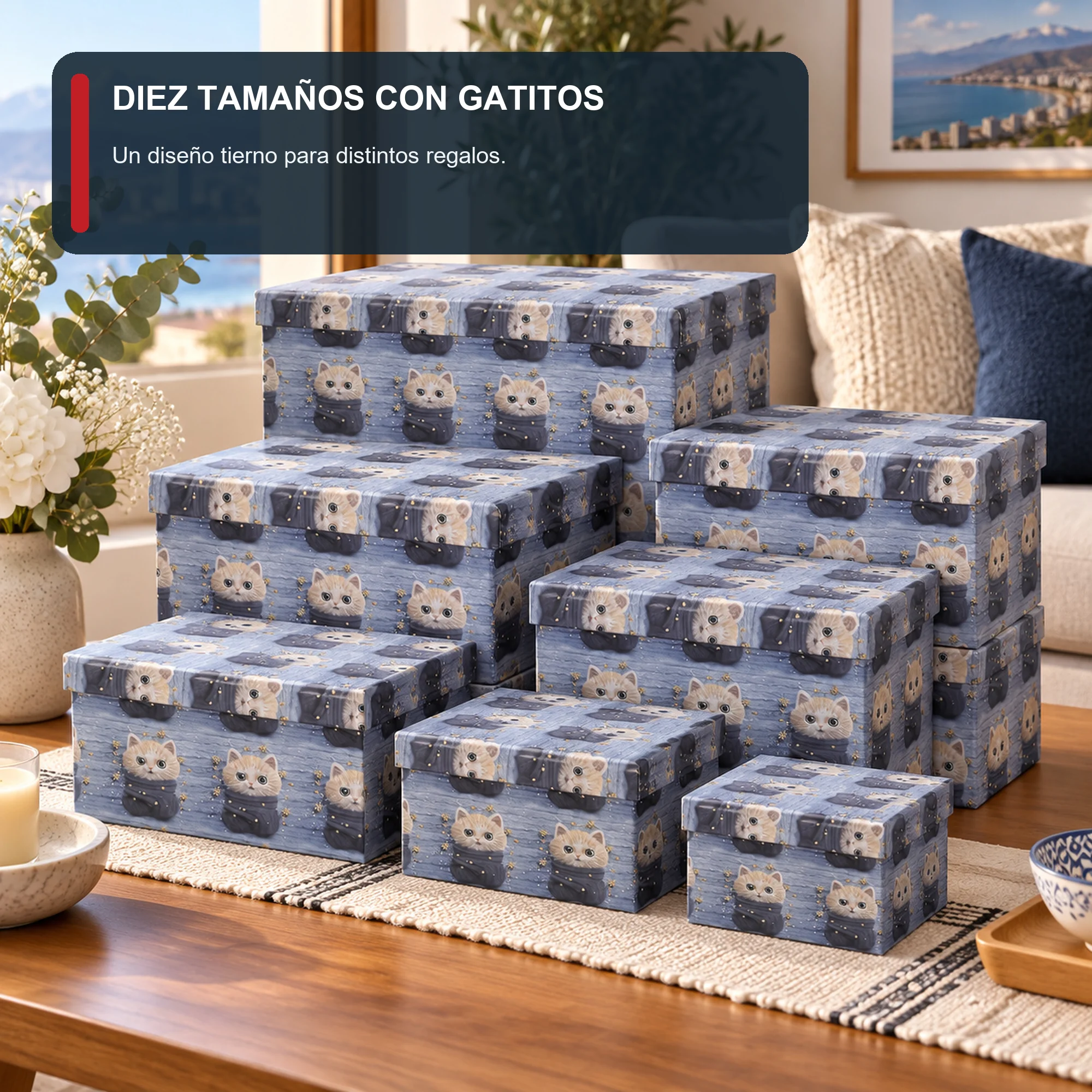 Juego de 10 Cajas de Regalo Juego Rectangular Azul Con Gatitos, Tamaños Surtidos