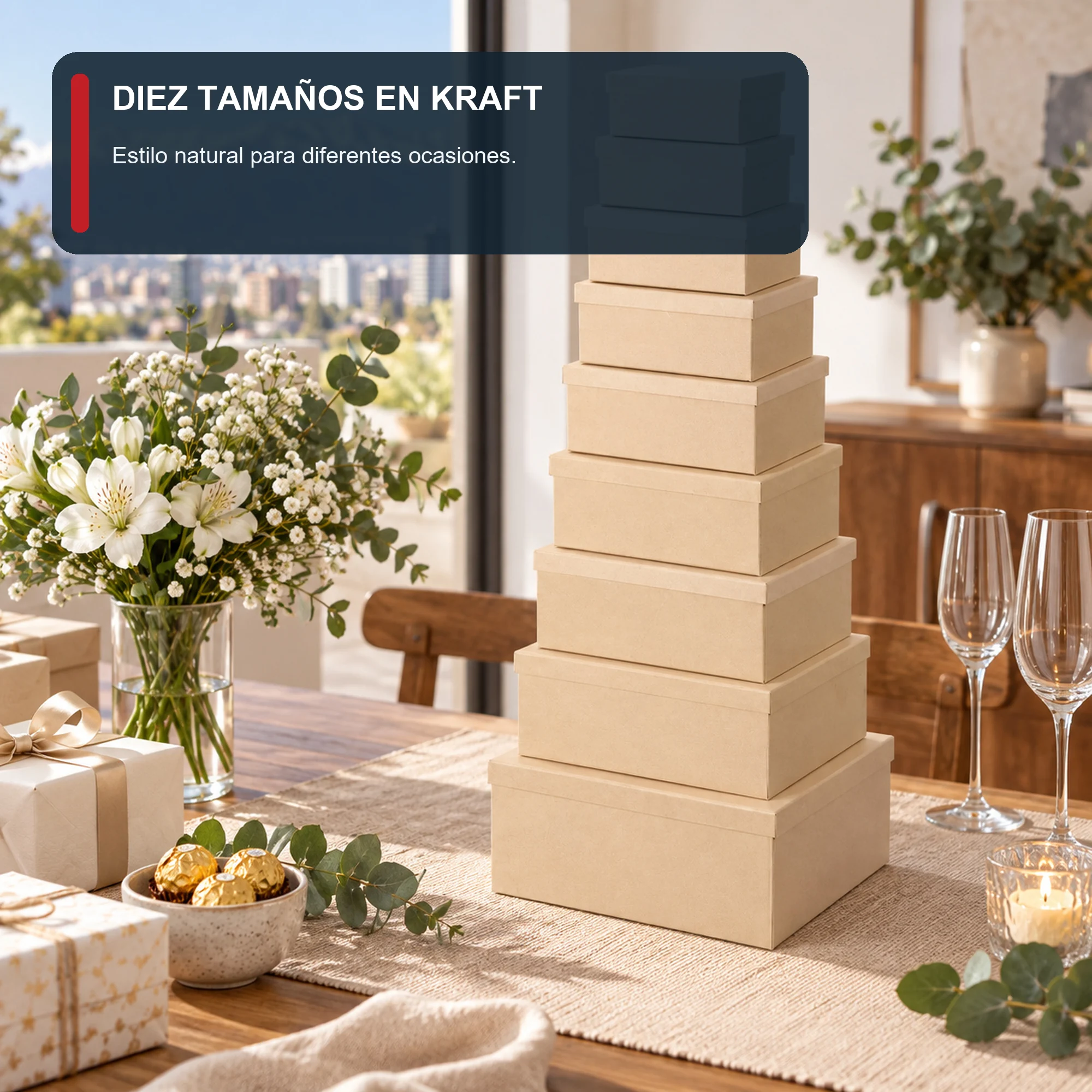 Juego de 10 Cajas de Regalo Juego Rectangular Kraft Natural, Tamaños Surtidos