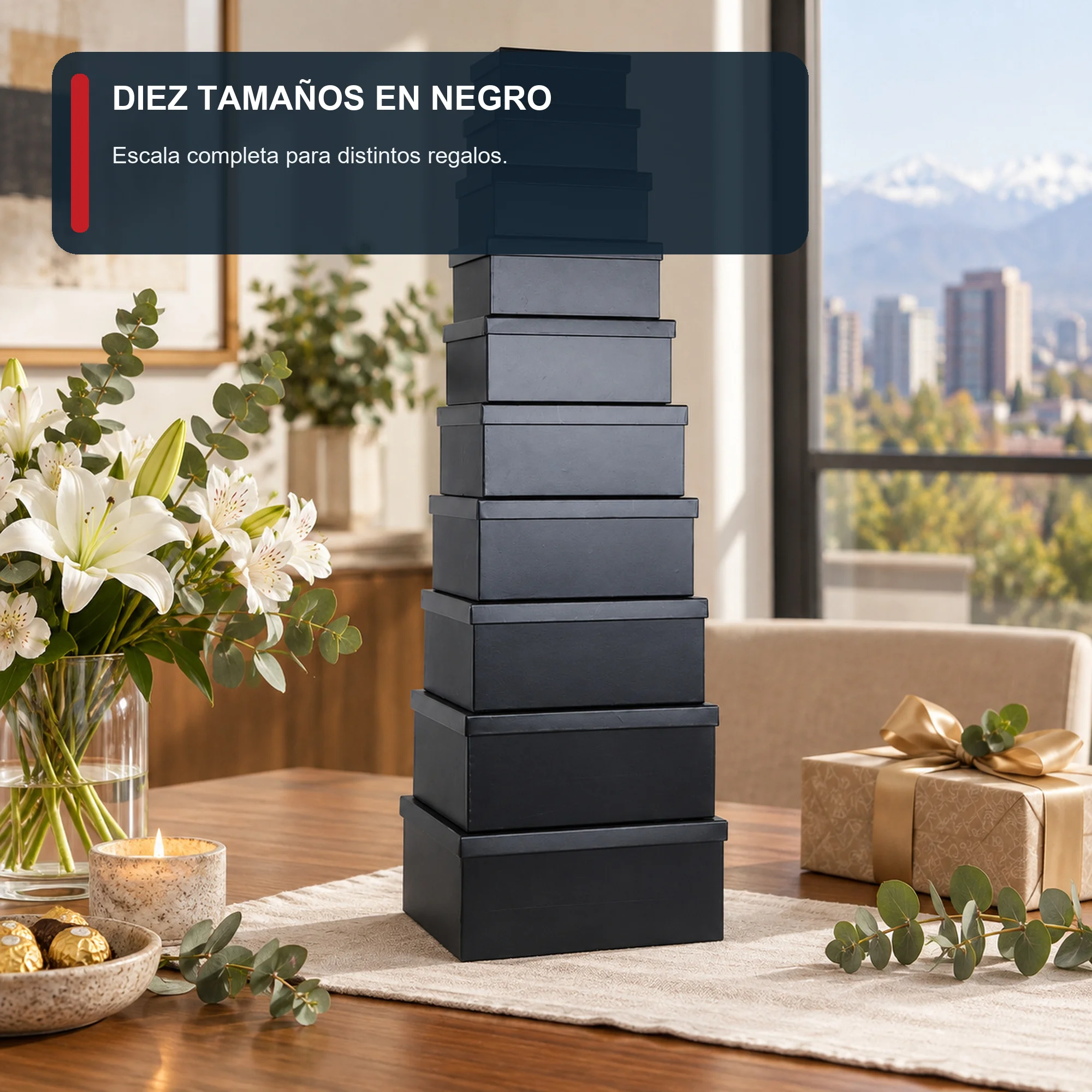 Juego de 10 Cajas de Regalo Juego Rectangular Negro Mate, Tamaños Surtidos