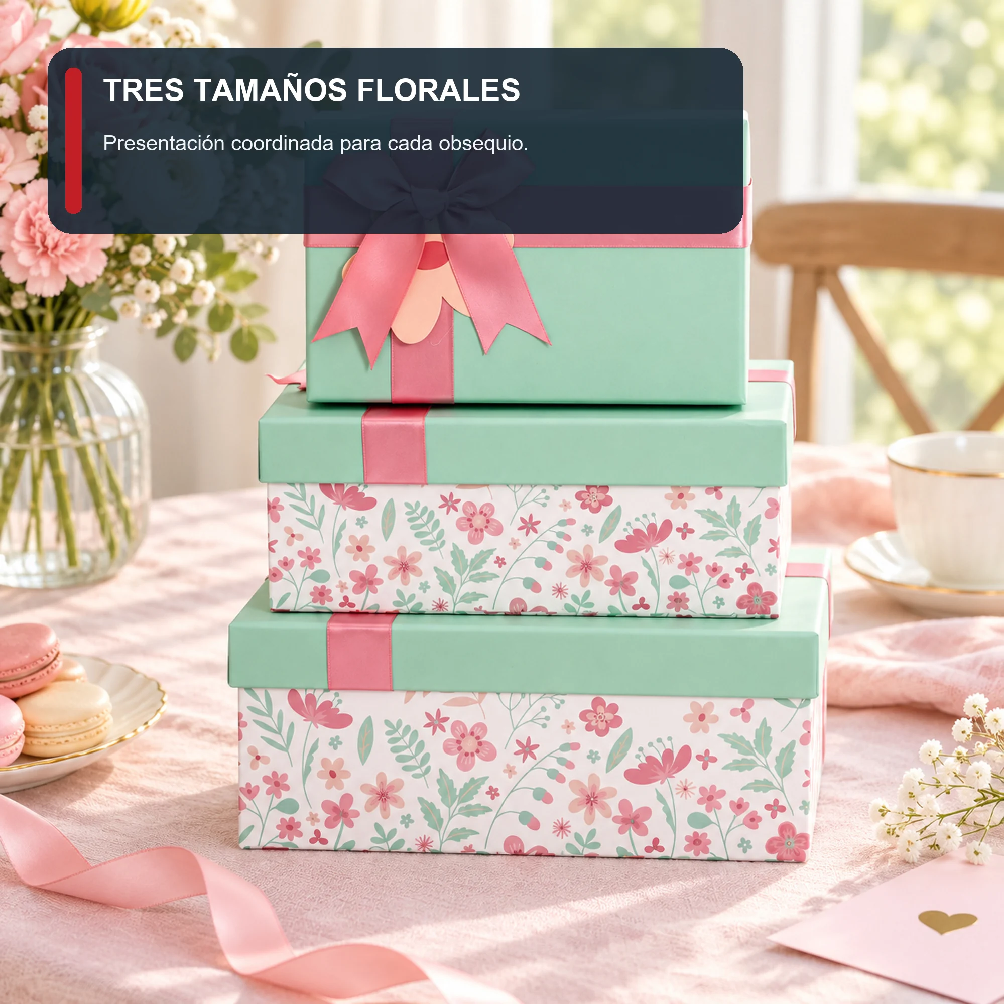 Juego de 3 Cajas de Regalo Juego De Cajas Florales Color Menta, Tres Tamaños