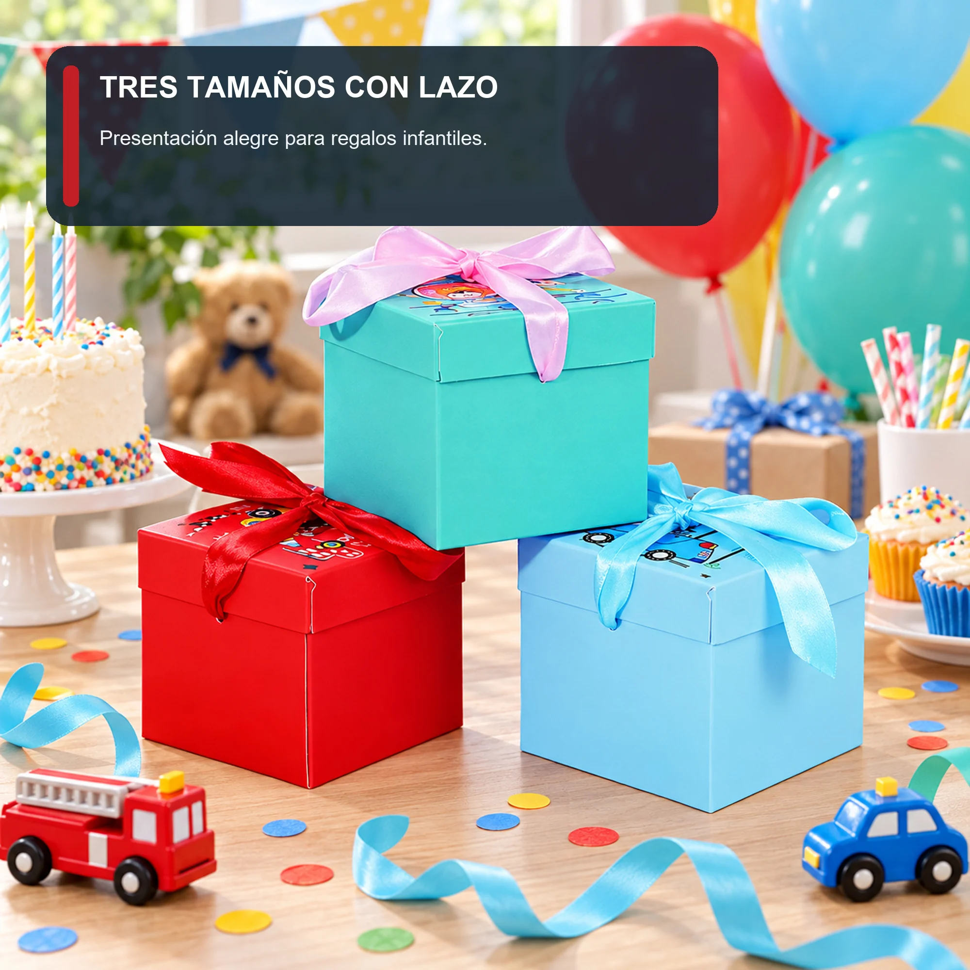 Juego de 3 Cajas de Regalo Juego De Cajas Infantiles Con Vehículos Y Lazo, Tres Tamaños