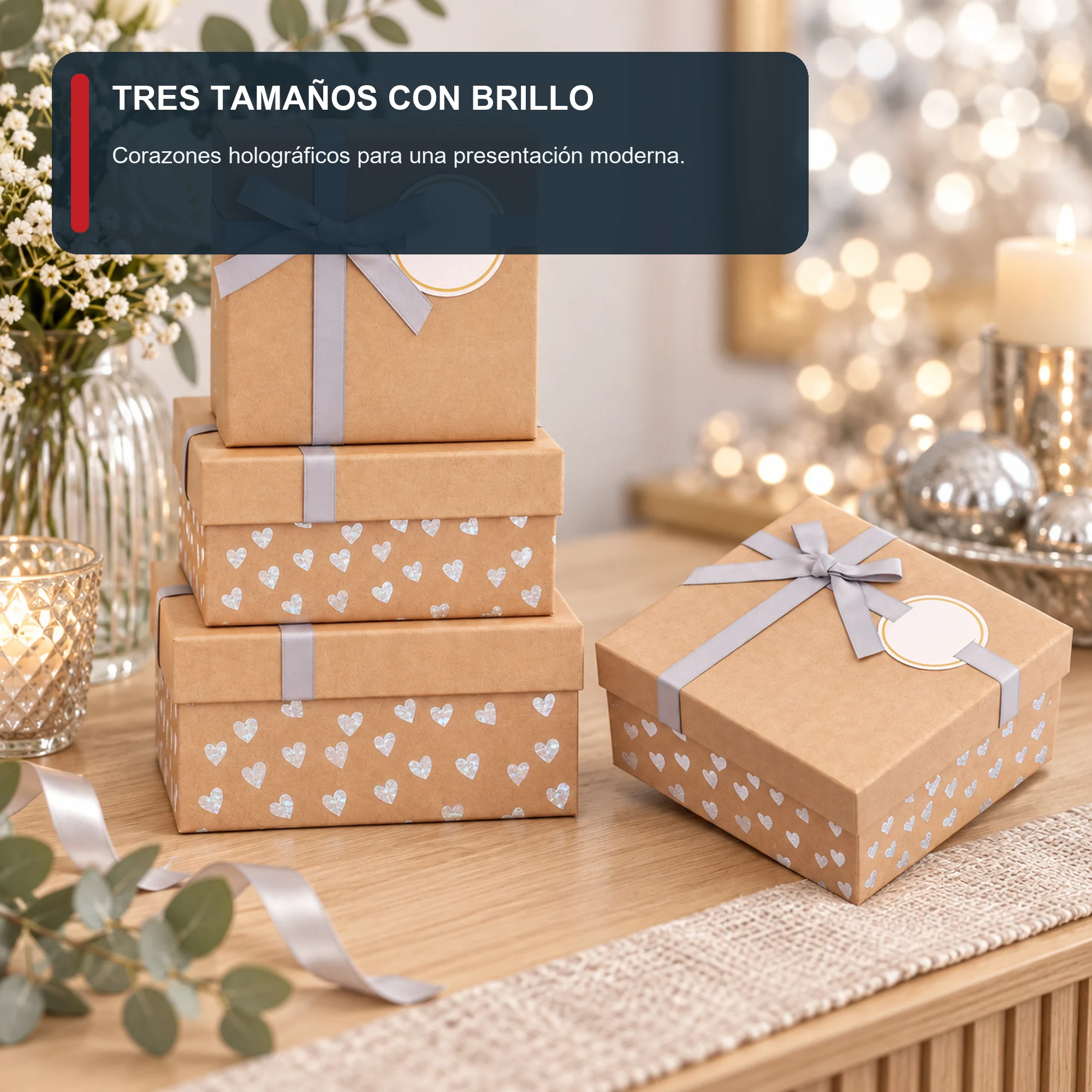 Juego de 3 Cajas de Regalo Juego De Cajas Kraft Con Corazones Holográficos, Tres Tamaños