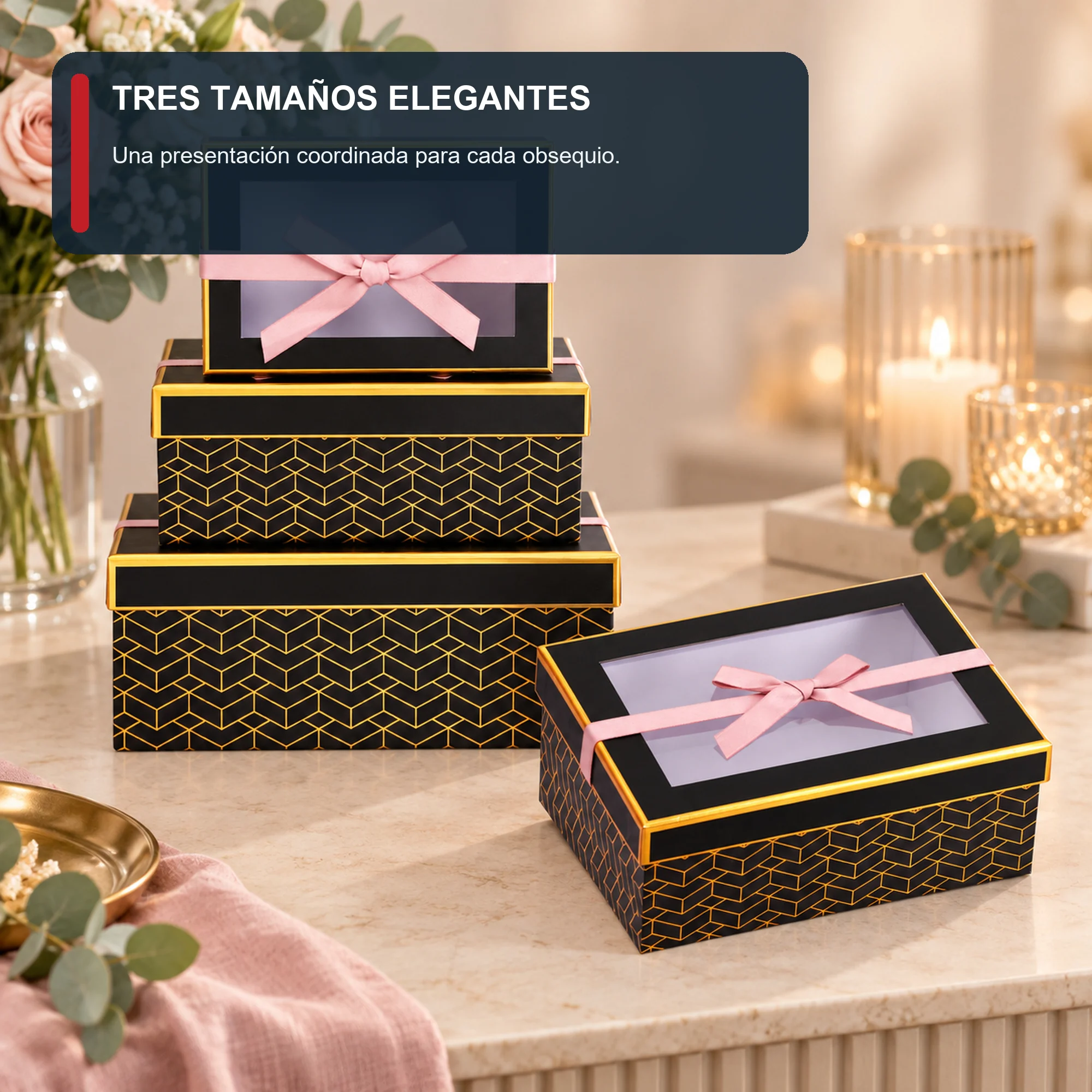 Juego de 3 Cajas de Regalo Juego De Cajas Negras Con Ventana Y Lazo Rosado, Tres Tamaños