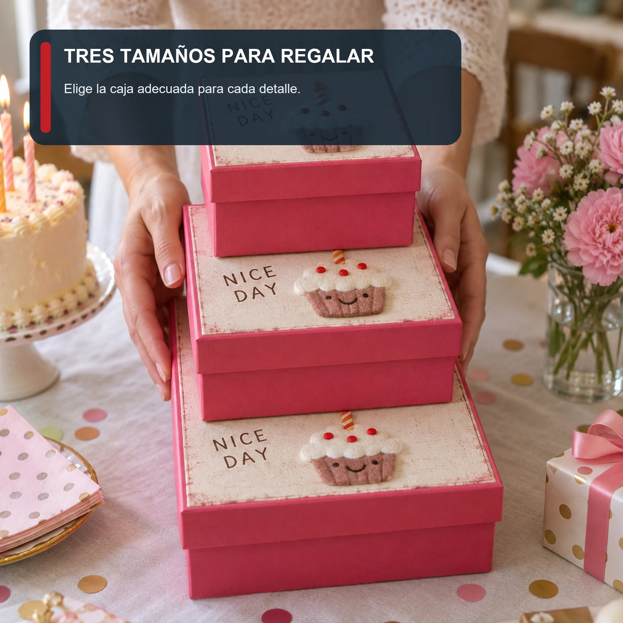 Juego de 3 Cajas de Regalo Juego De Cajas Cuadradas Con Cupcake, Tres Tamaños