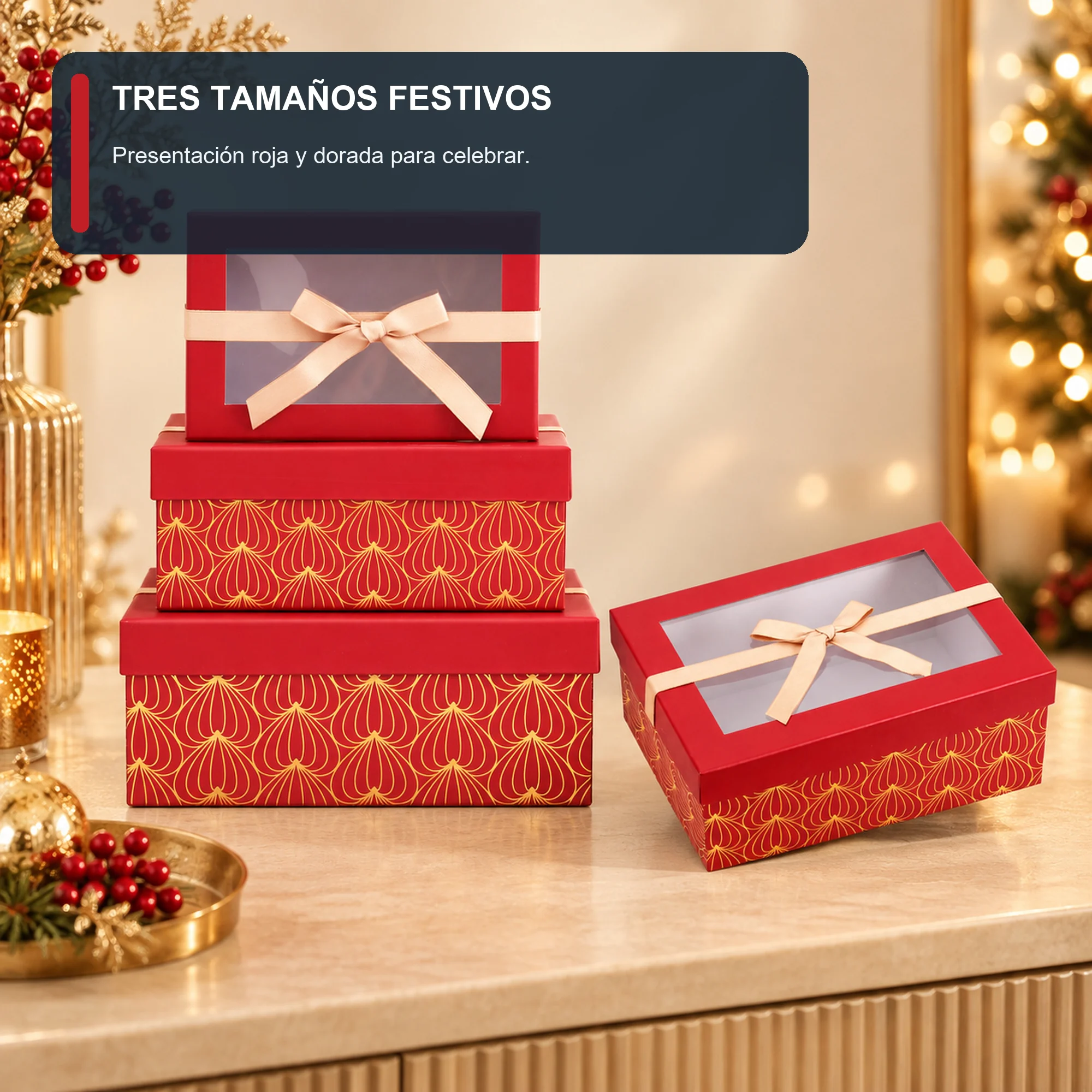 Juego de 3 Cajas de Regalo Juego De Cajas Rojas Con Ventana Y Lazo Champaña, Tres Tamaños
