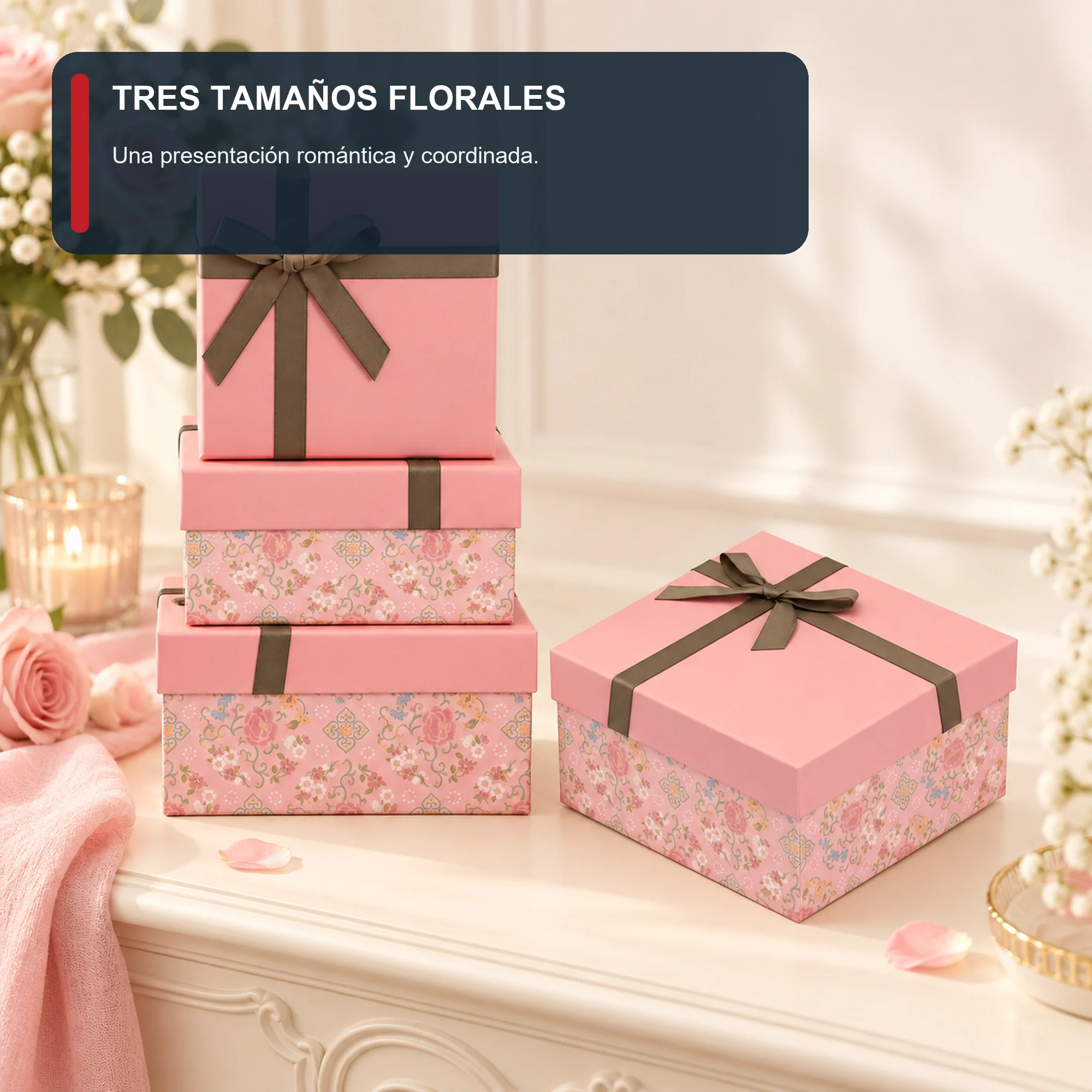 Juego de 3 Cajas de Regalo Juego De Cajas Rosadas Con Laterales Florales, Tres Tamaños