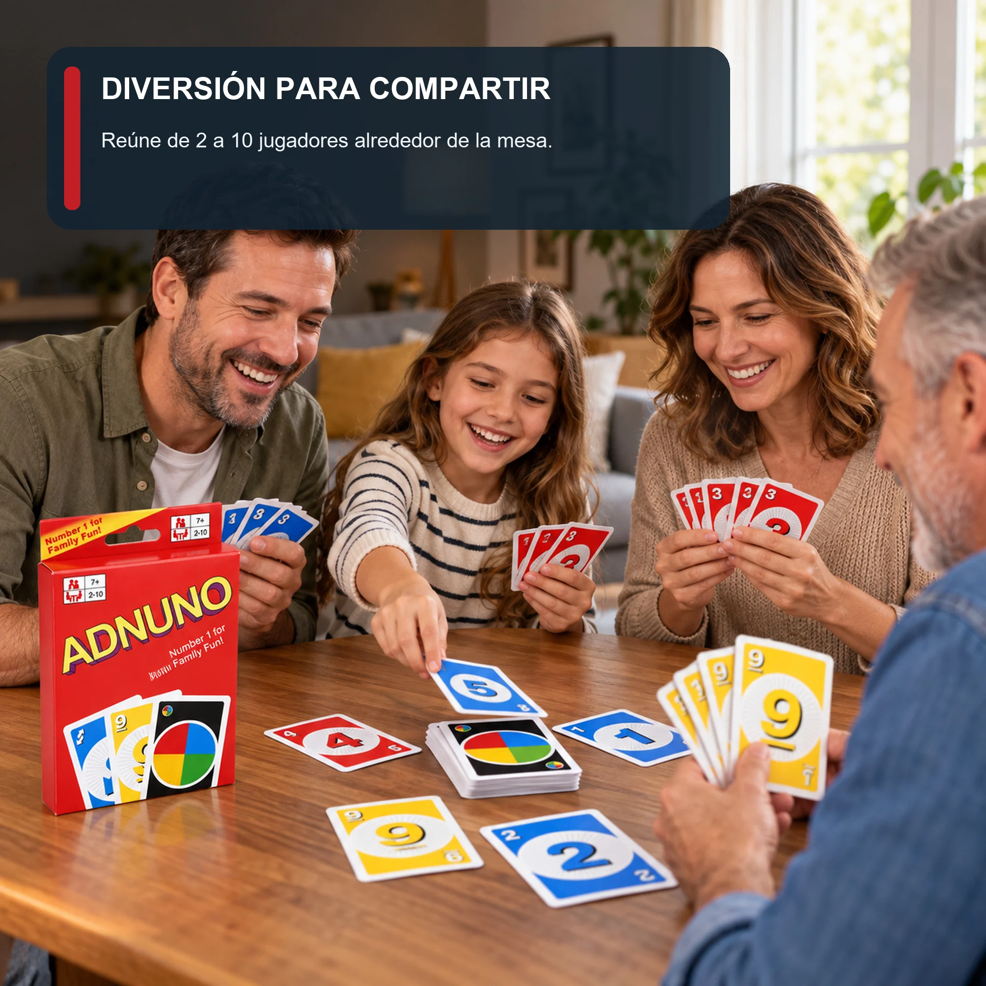 Juego de Cartas Familiar ADNUO de Números y Colores, 2–10 Jugadores