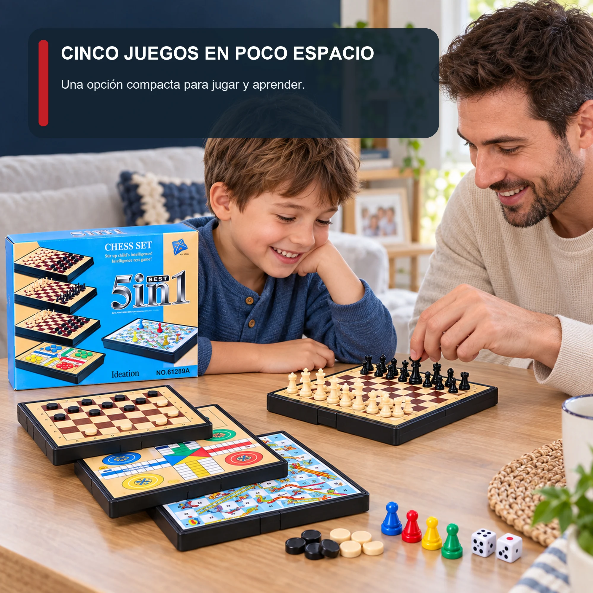 Juego de Mesa 5 en 1 Compacto con Estuche, 11,5 × 16,5 cm