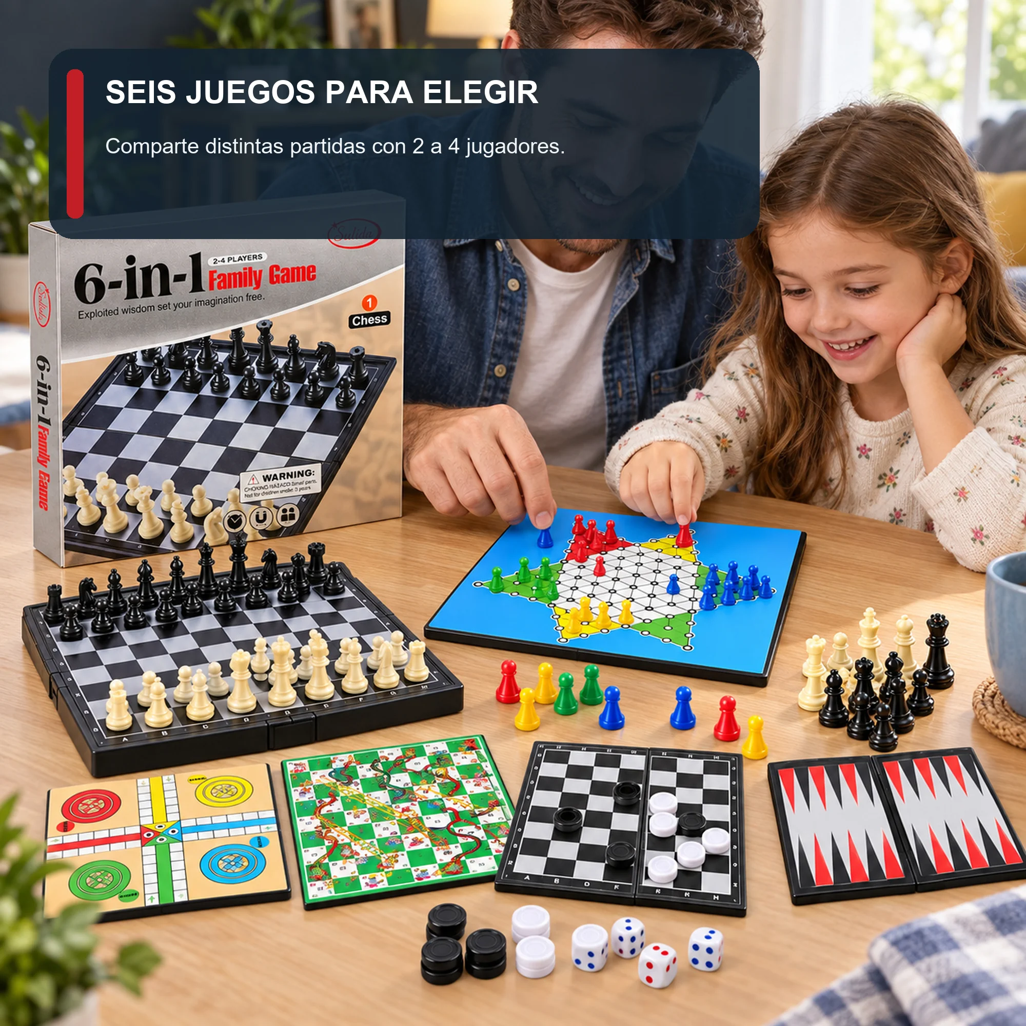 Juego de Mesa Sulida 6 en 1 para 2–4 Jugadores, 18,3 × 17,6 cm