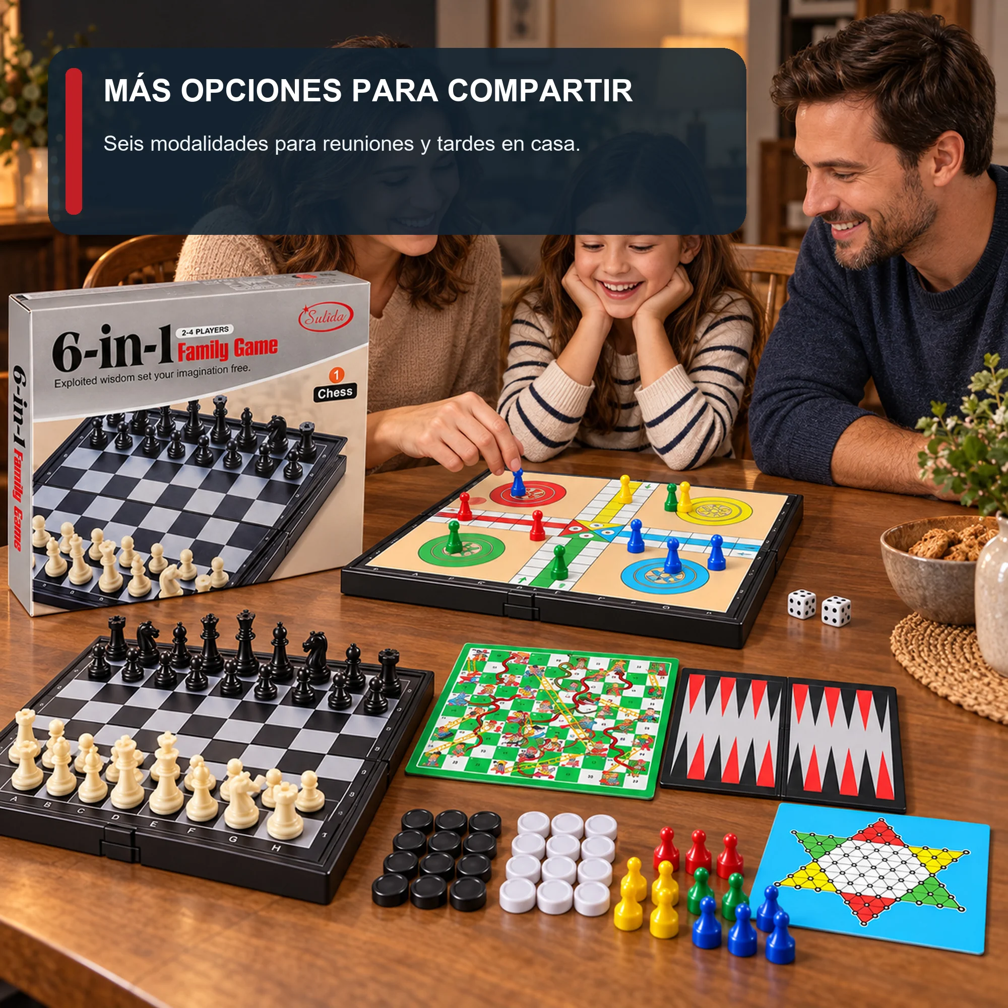 Juego de Mesa Sulida 6 en 1 para 2–4 Jugadores, 24,5 × 24,7 cm
