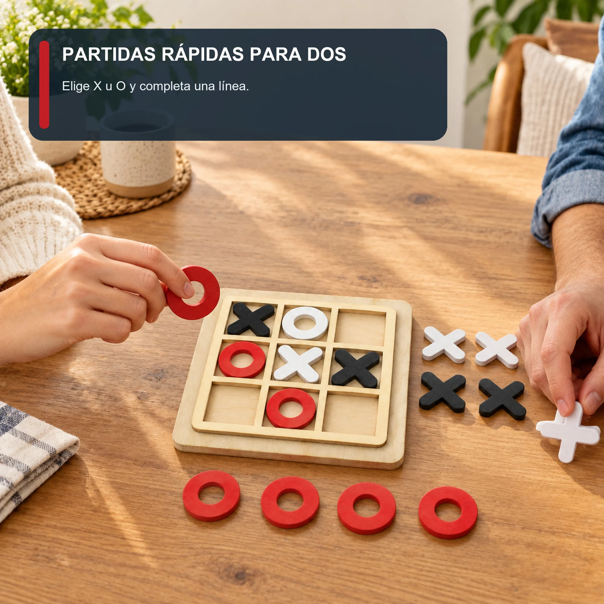 Juego Tres en Raya de Madera, 14,5 × 14,5 cm