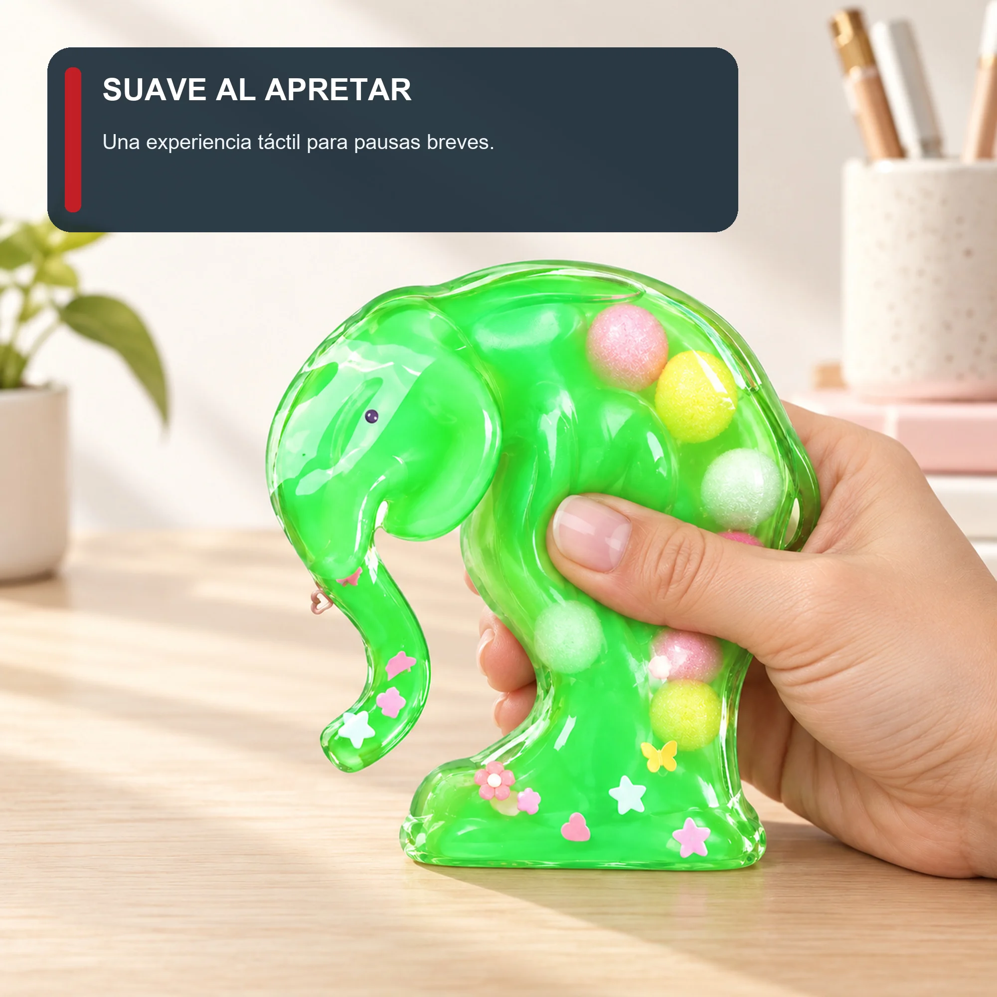 Juguete Antiestrés Elefante Verde, Empaque 13 × 12,5 cm