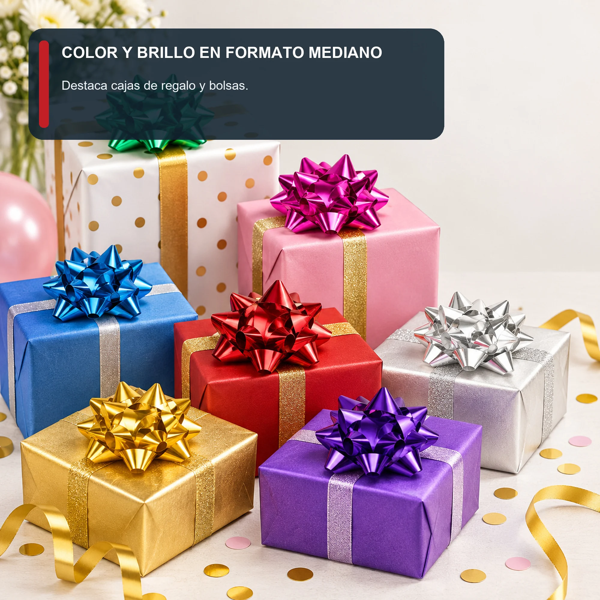 Lazos Estrella Metálicos Adhesivos, 6 cm (2,4 in) de diámetro aprox., 6 Unidades, Colores Surtidos