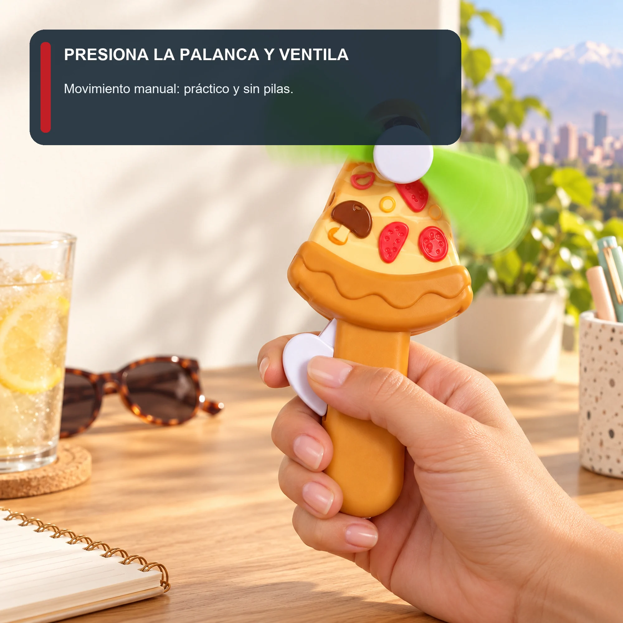 Mini Ventilador Manual Pizza, 14 × 6 cm, Color Surtido