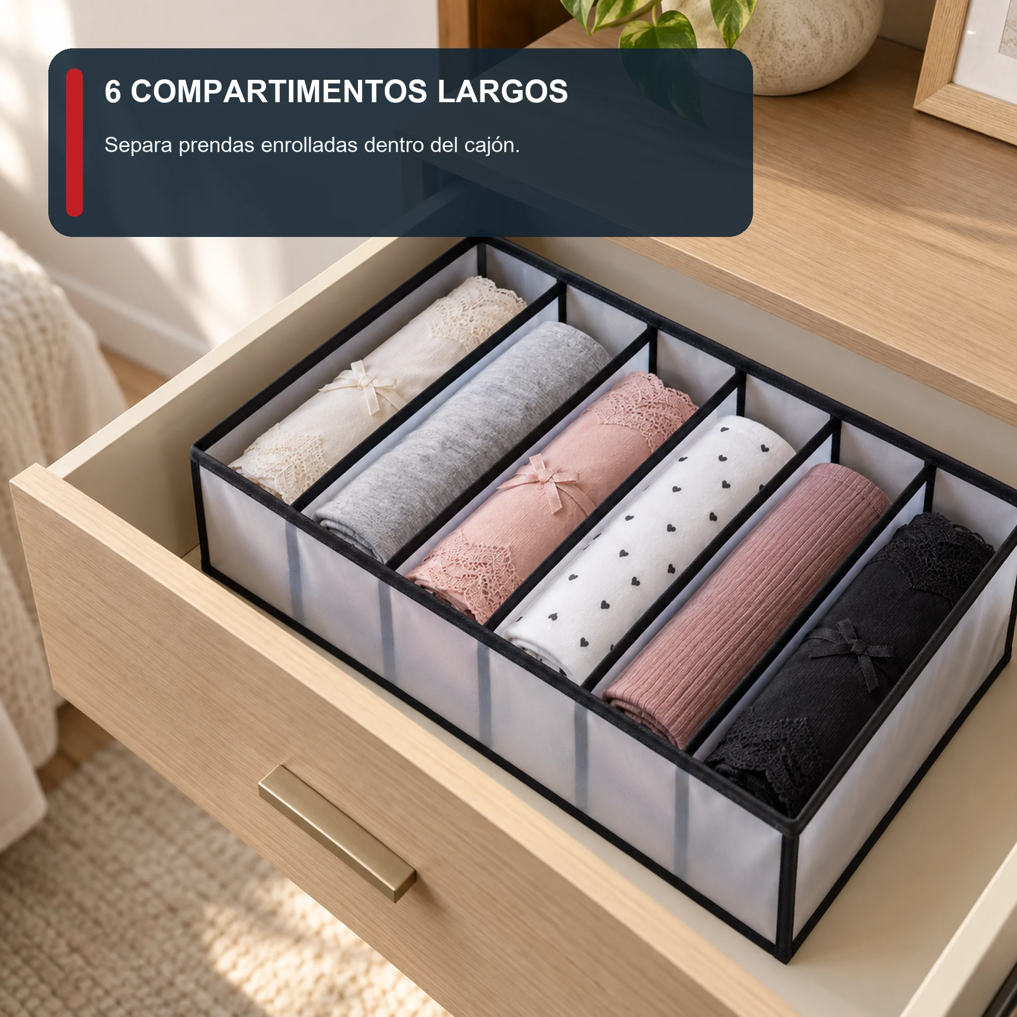 Organizador de Cajón de 6 Compartimentos de PEVA y PP, 32 × 32 × 12 cm, 1 Unidad